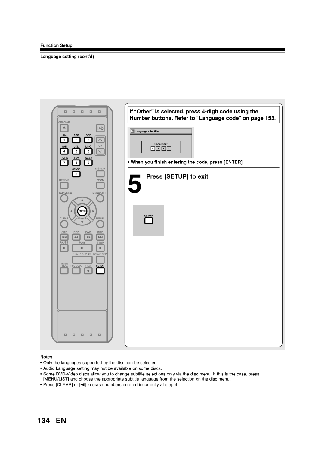 Toshiba D-RW2SU/D-RW2SC manual 134 EN, If “Other” is selected, press 4-digit code using the, Press SETUP to exit 