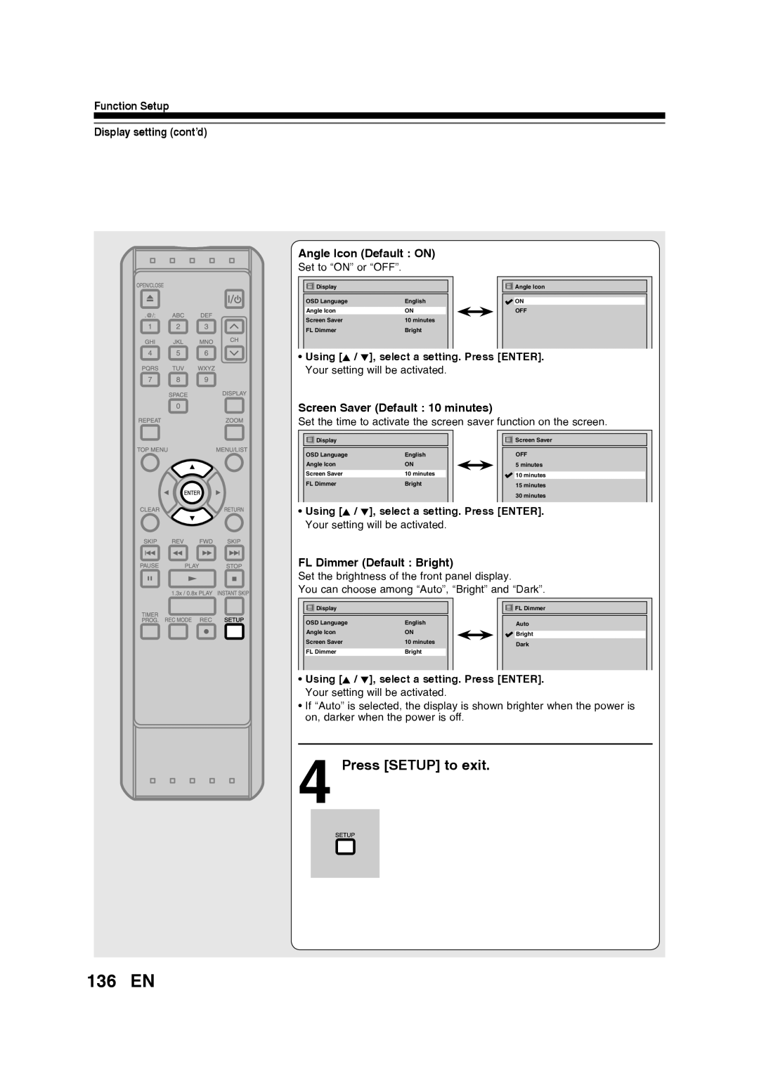 Toshiba D-RW2SU/D-RW2SC manual 136 EN, Press SETUP to exit, Function Setup Display setting cont’d Angle Icon Default ON 