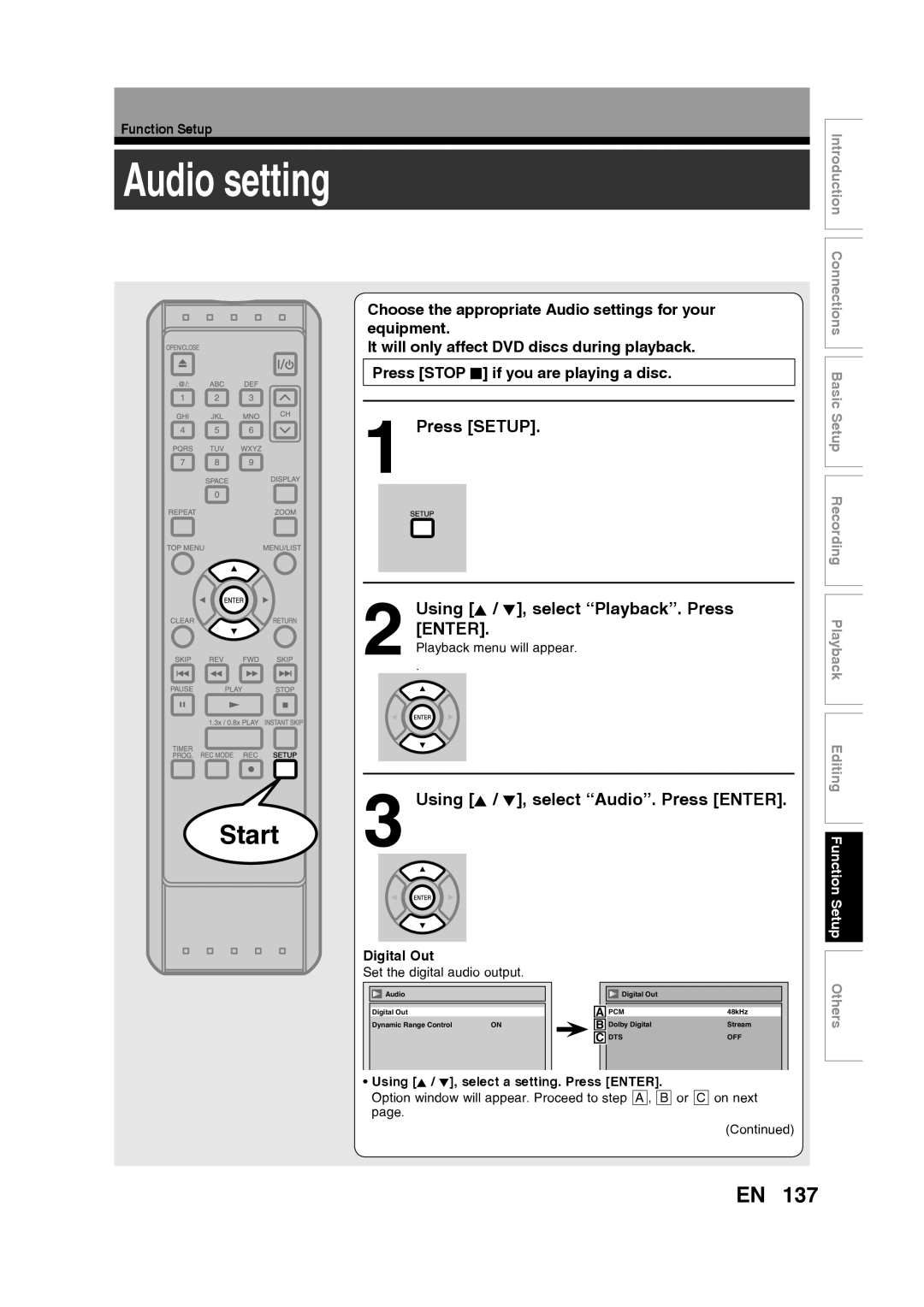 Toshiba D-RW2SU/D-RW2SC manual Audio setting, Press SETUP 2 Using K / L, select “Playback”. Press ENTER, Digital Out, Start 
