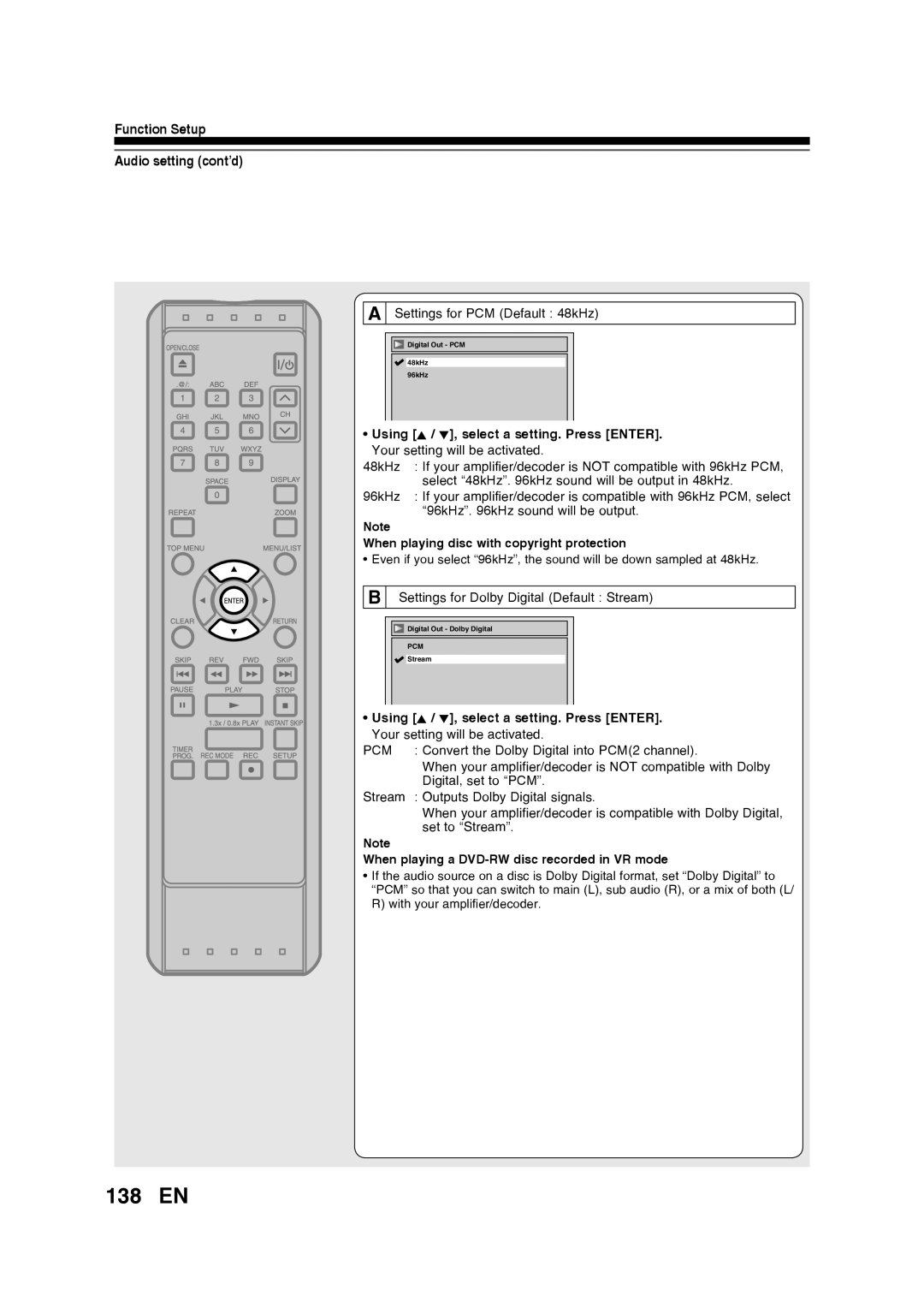 Toshiba D-RW2SU/D-RW2SC manual 138 EN, Function Setup Audio setting cont’d, Using K / L, select a setting. Press ENTER 