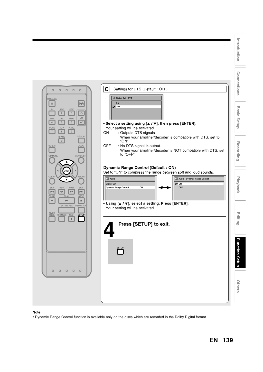 Toshiba D-RW2SU/D-RW2SC manual Dynamic Range Control Default ON, Press SETUP to exit, Digital Out - DTS ON OFF 
