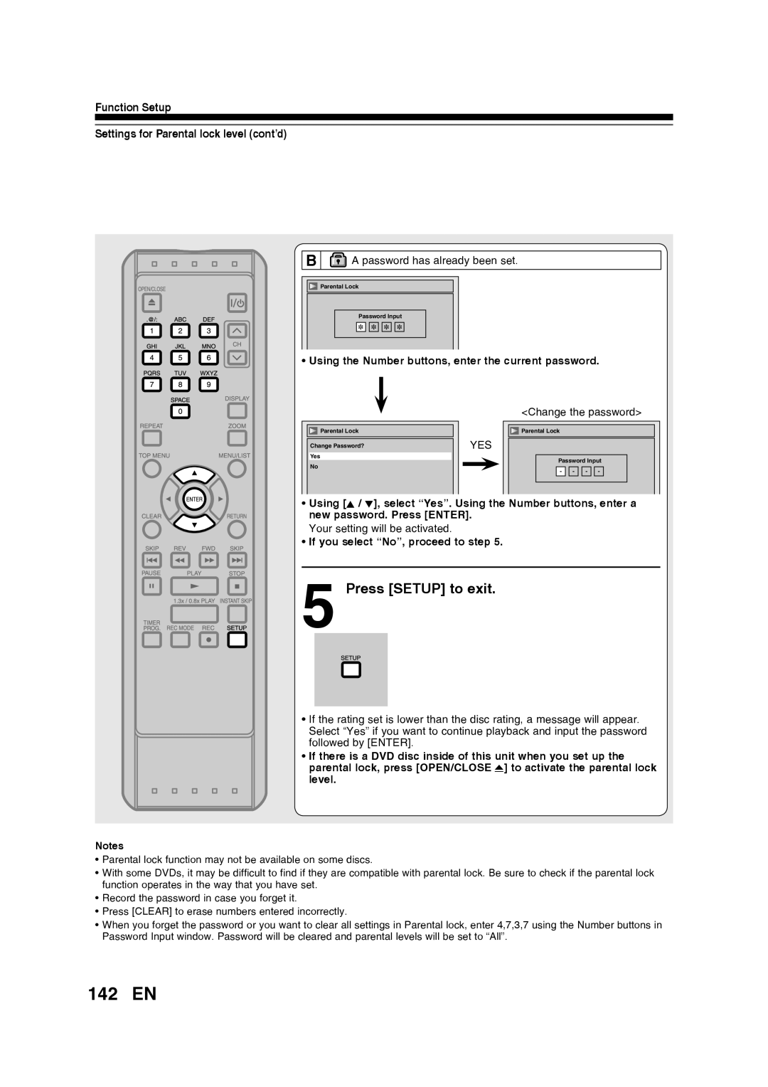 Toshiba D-RW2SU/D-RW2SC manual 142 EN, Function Setup Settings for Parental lock level cont’d, Press SETUP to exit 