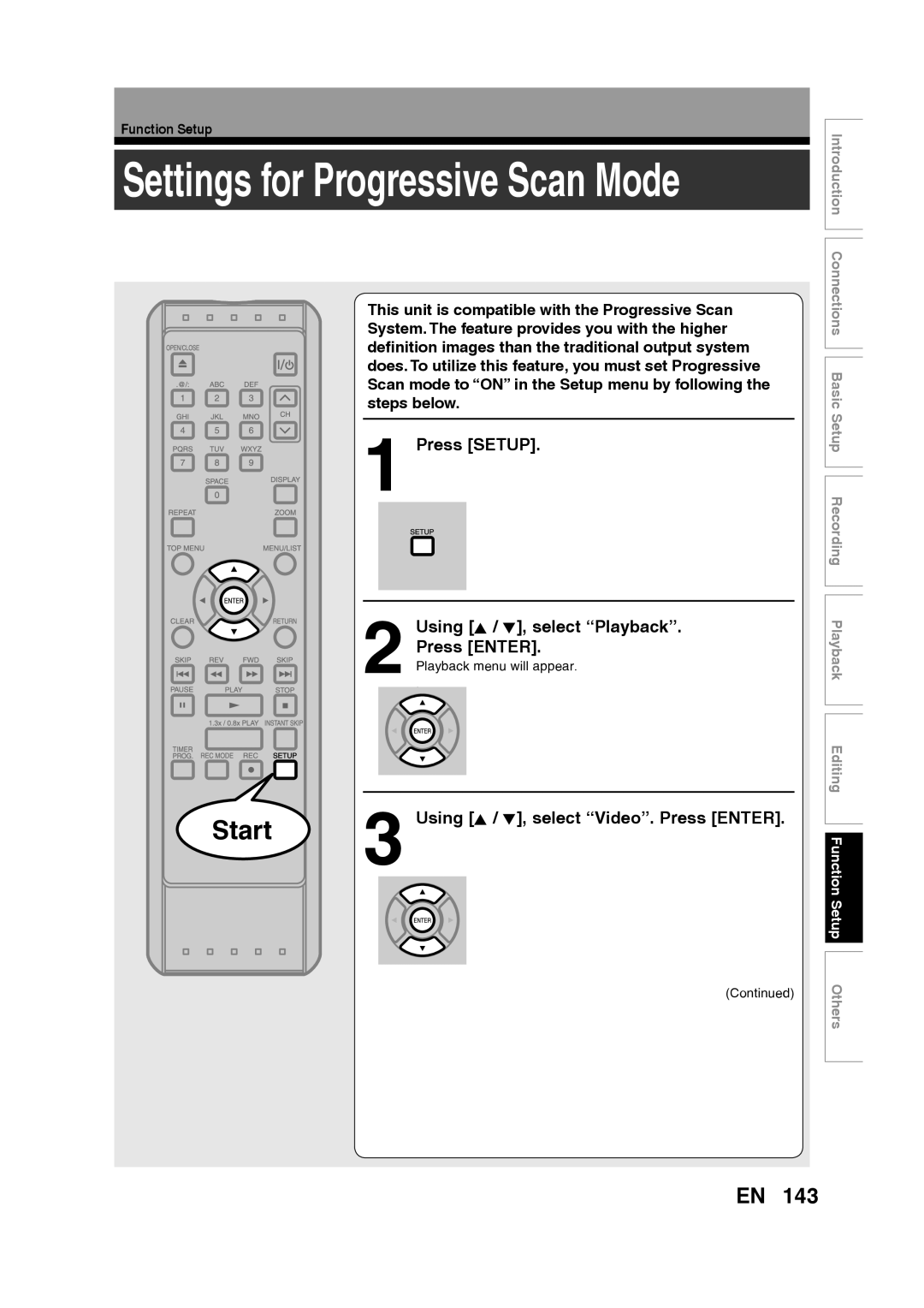Toshiba D-RW2SU/D-RW2SC manual Using K / L, select “Video”. Press ENTER, Settings for Progressive Scan Mode, Start 