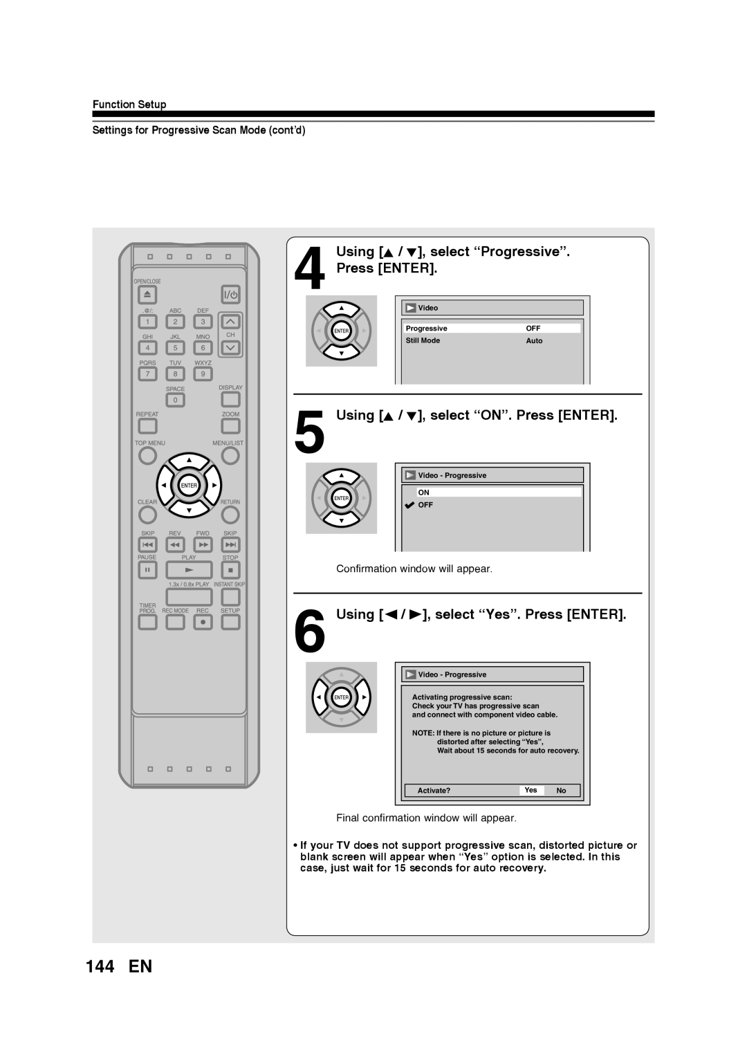 Toshiba D-RW2SU/D-RW2SC manual 144 EN, Using K / L, select “Progressive” Press ENTER, Using / B, select “Yes”. Press ENTER 