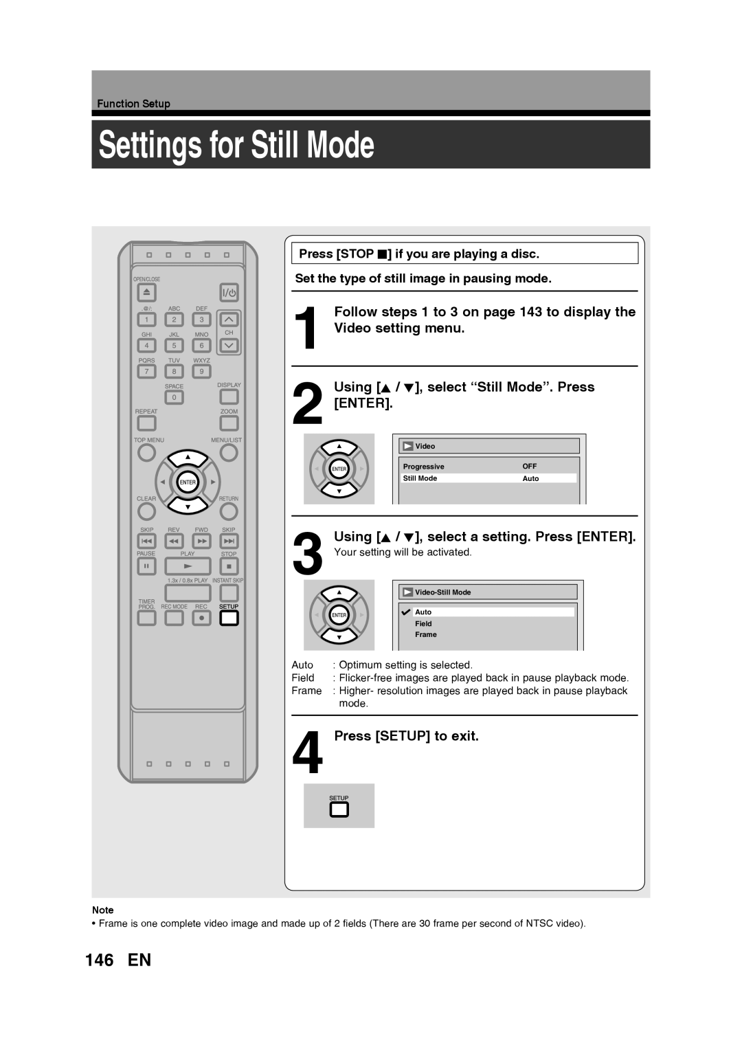 Toshiba D-RW2SU/D-RW2SC Settings for Still Mode, 146 EN, Follow steps 1 to 3 on page 143 to display the Video setting menu 
