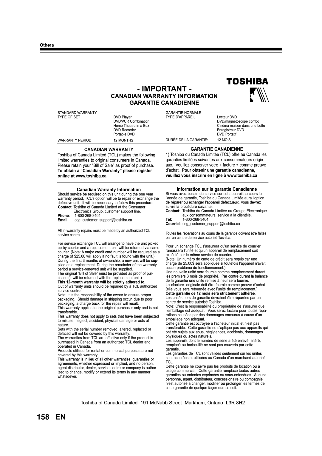 Toshiba D-RW2SU/D-RW2SC manual 158 EN, Others 