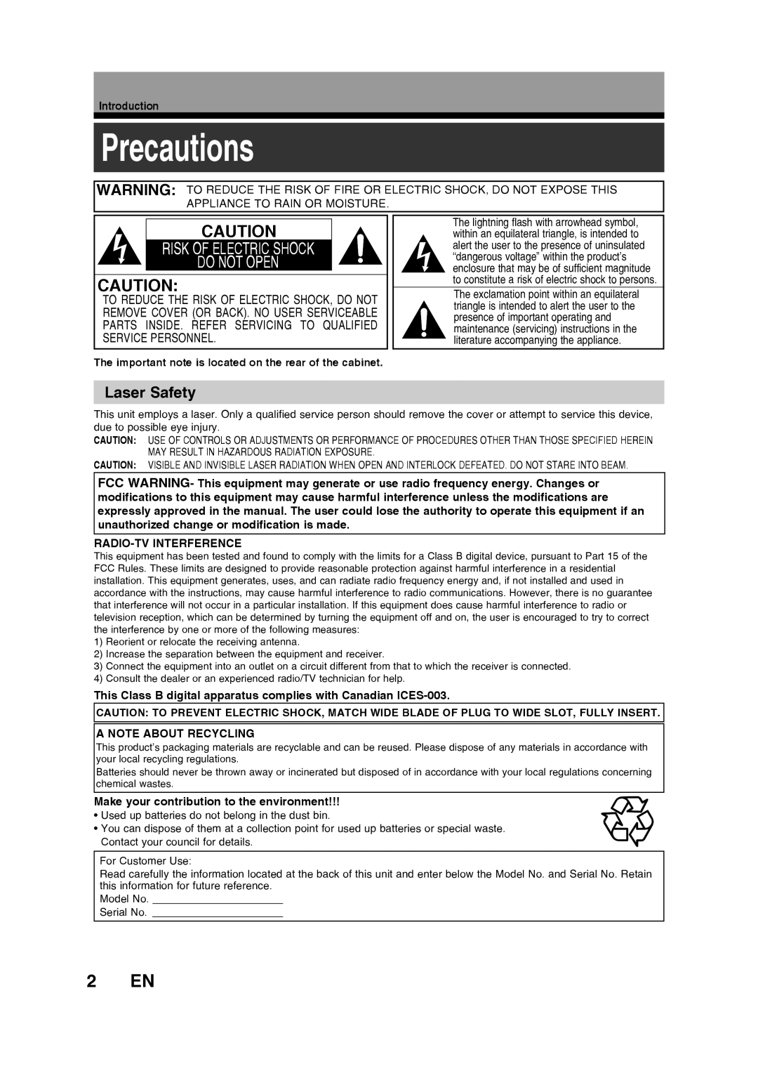 Toshiba D-RW2SU/D-RW2SC manual Precautions, 2 EN, Laser Safety, Service Personnel, Introduction, Radio-Tv Interference 