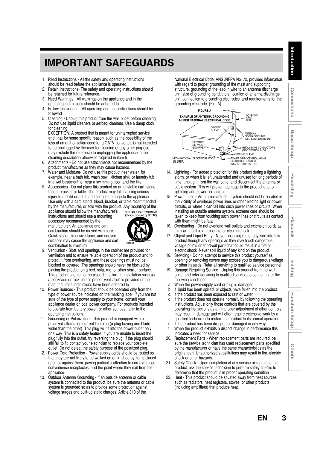 Toshiba D-RW2SU/D-RW2SC manual Editing Function Setup Others, Important Safeguards 