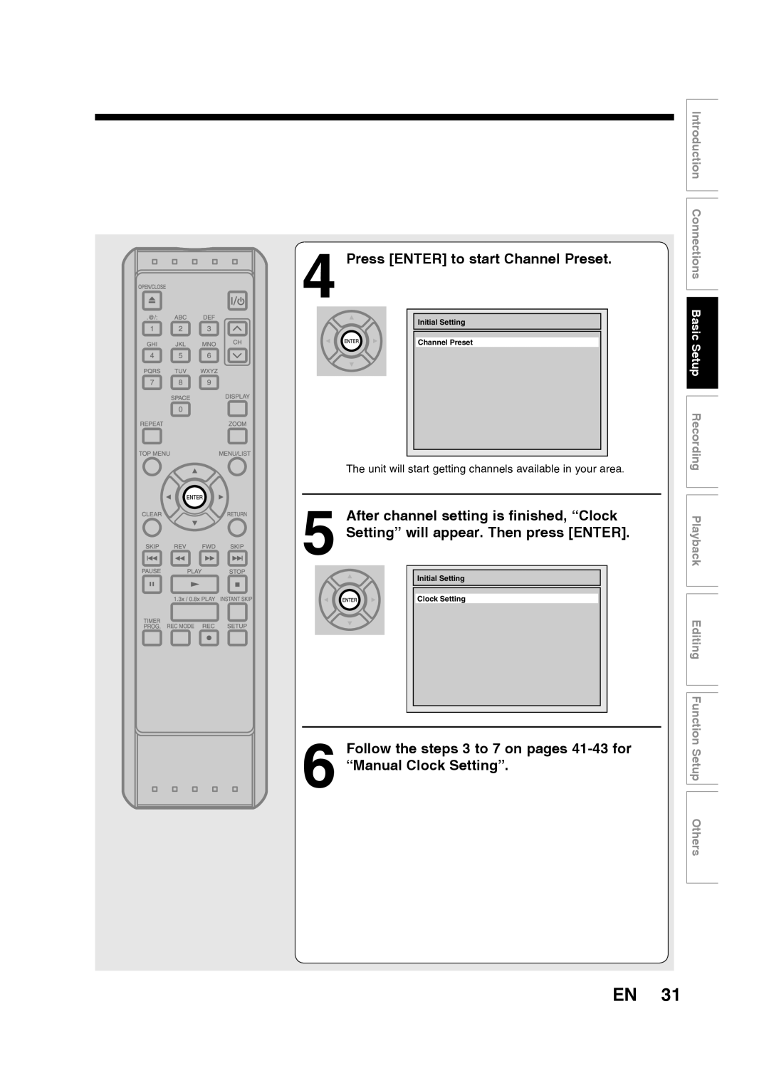 Toshiba D-RW2SU/D-RW2SC Press ENTER to start Channel Preset, Editing Function Setup Others, Initial Setting Channel Preset 