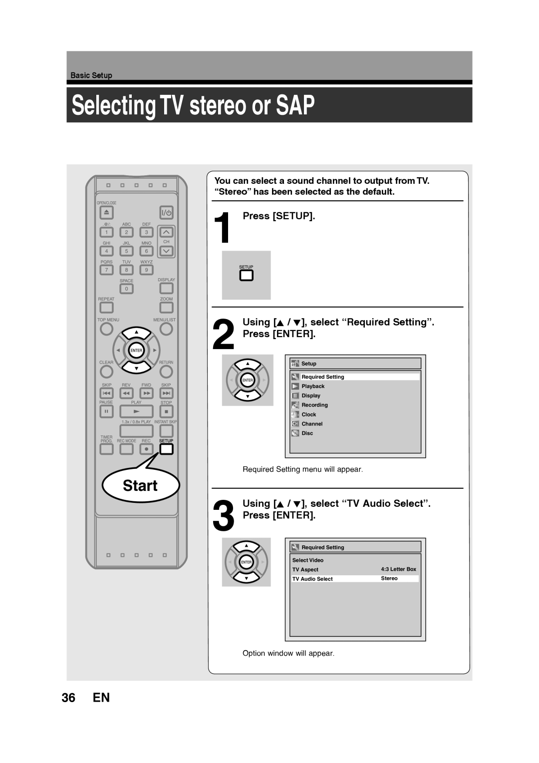 Toshiba D-RW2SU/D-RW2SC manual Selecting TV stereo or SAP, 36 EN, Using K / L, select “TV Audio Select” Press ENTER, Start 