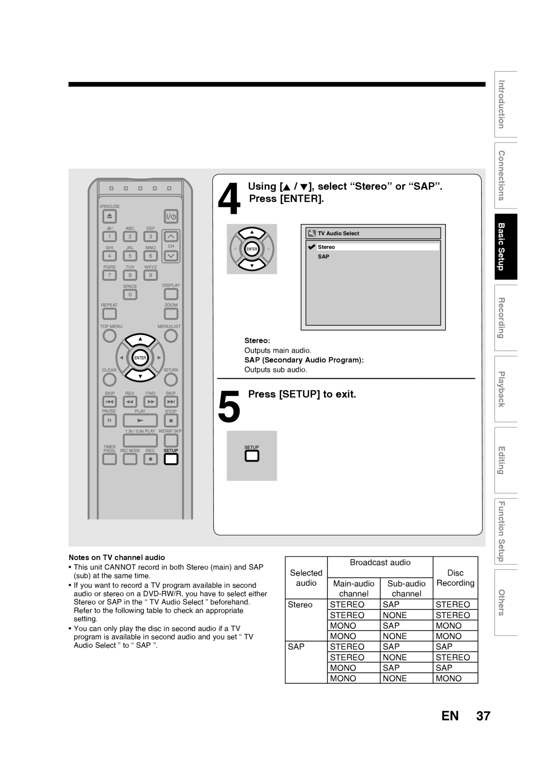 Toshiba D-RW2SU/D-RW2SC Using K / L, select “Stereo” or “SAP” Press ENTER, Press SETUP to exit, Notes on TV channel audio 