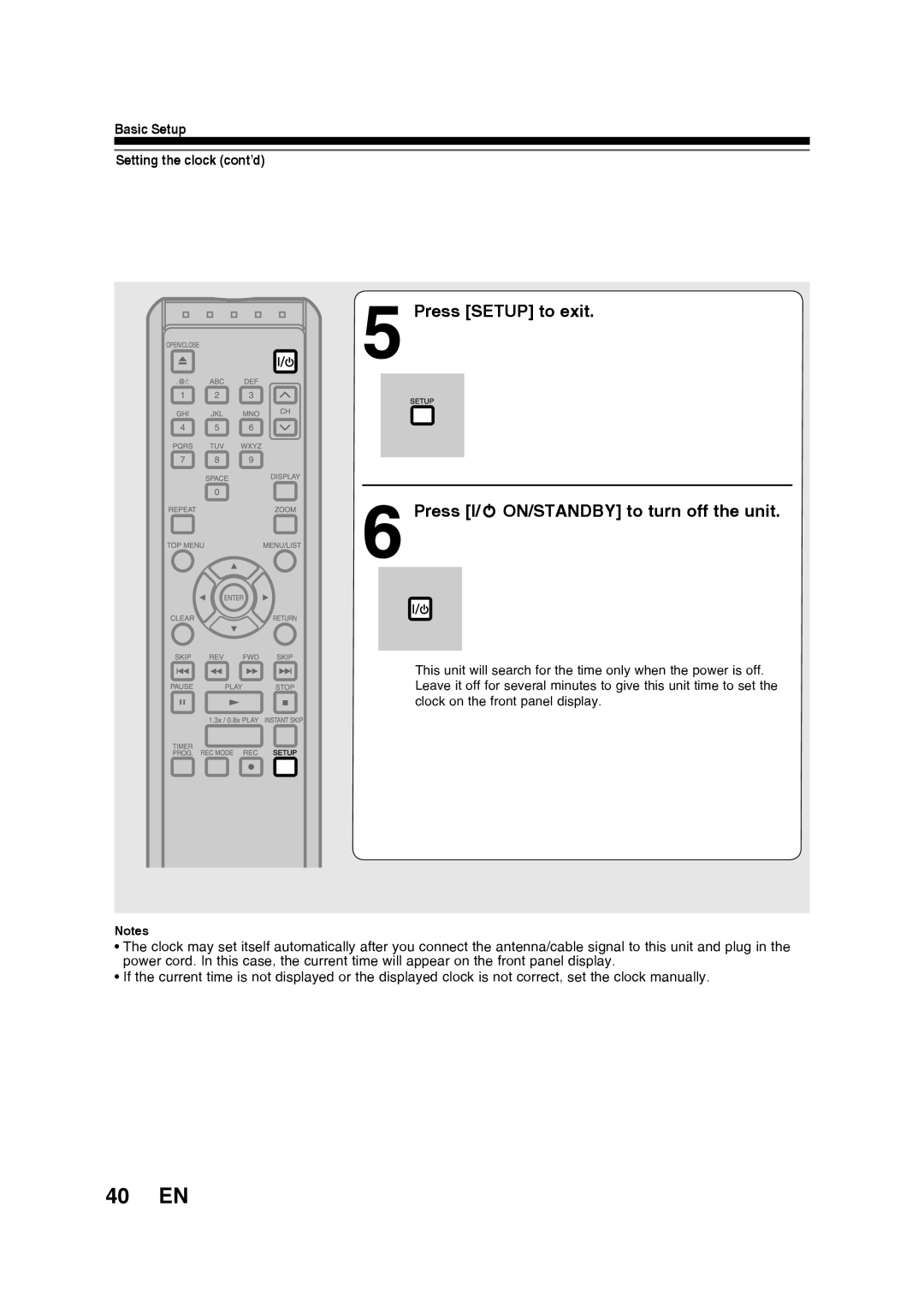 Toshiba D-RW2SU/D-RW2SC manual 40 EN, Press SETUP to exit 6 Press I/y ON/STANDBY to turn off the unit 