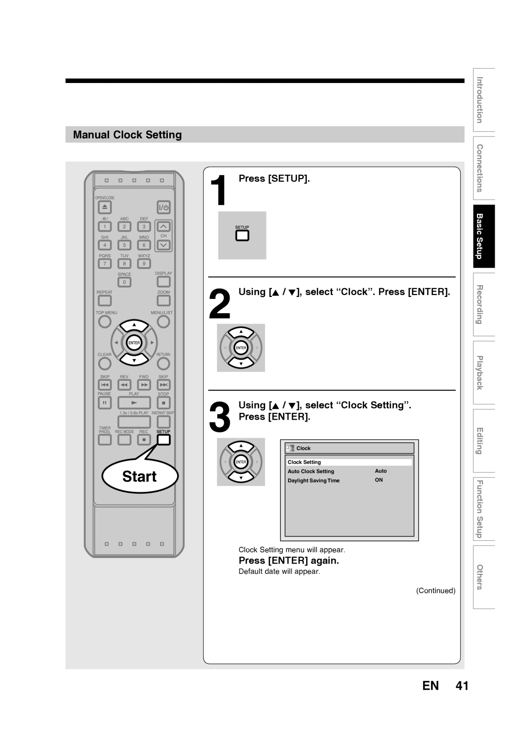 Toshiba D-RW2SU/D-RW2SC Manual Clock Setting, Using K / L, select “Clock Setting” Press ENTER, Press ENTER again, Start 