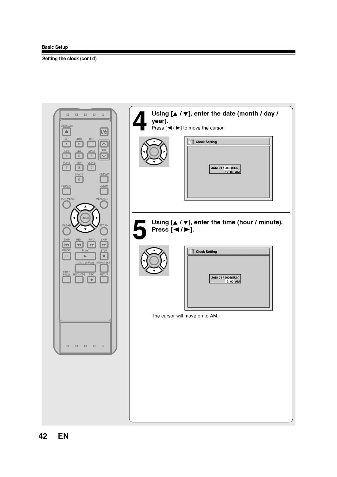 Toshiba D-RW2SU/D-RW2SC manual 42 EN, Using K / L, enter the date month / day / year, Basic Setup Setting the clock cont’d 