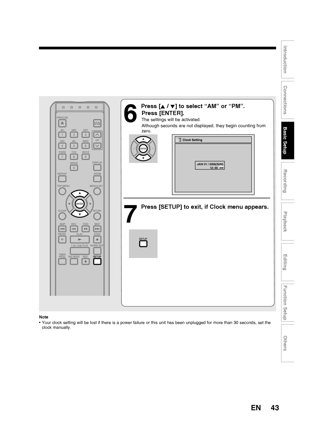 Toshiba D-RW2SU/D-RW2SC manual Press K / L to select “AM” or “PM” Press ENTER, Press SETUP to exit, if Clock menu appears 