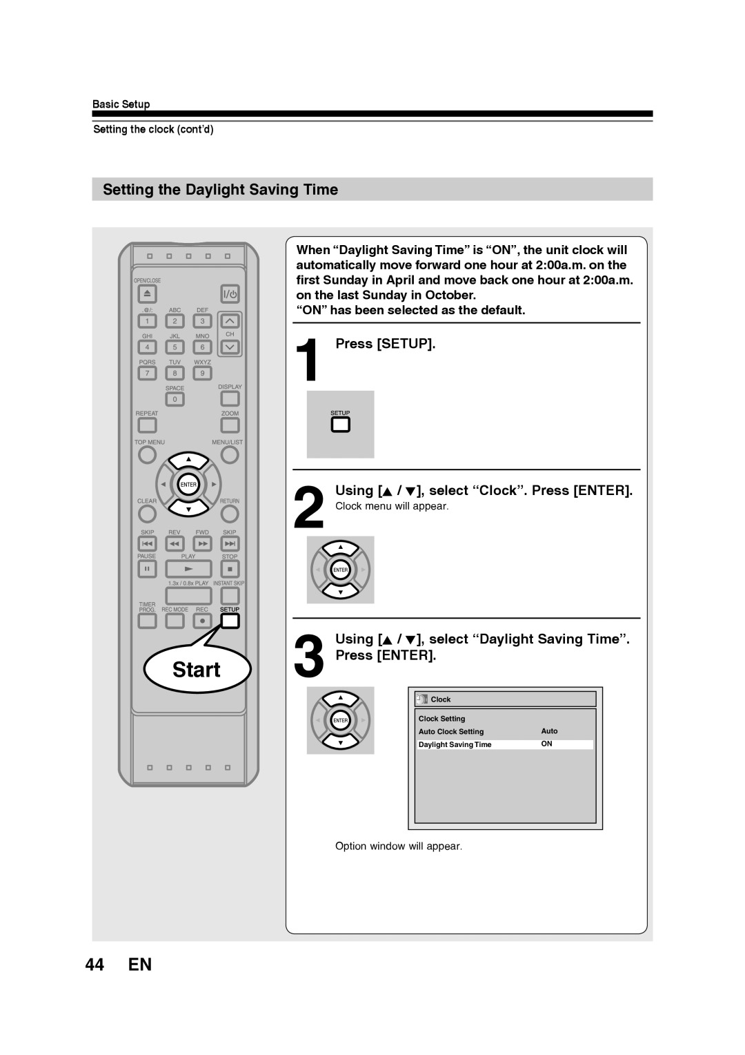 Toshiba D-RW2SU/D-RW2SC manual 44 EN, Setting the Daylight Saving Time, Using K / L, select “Daylight Saving Time”, Start 