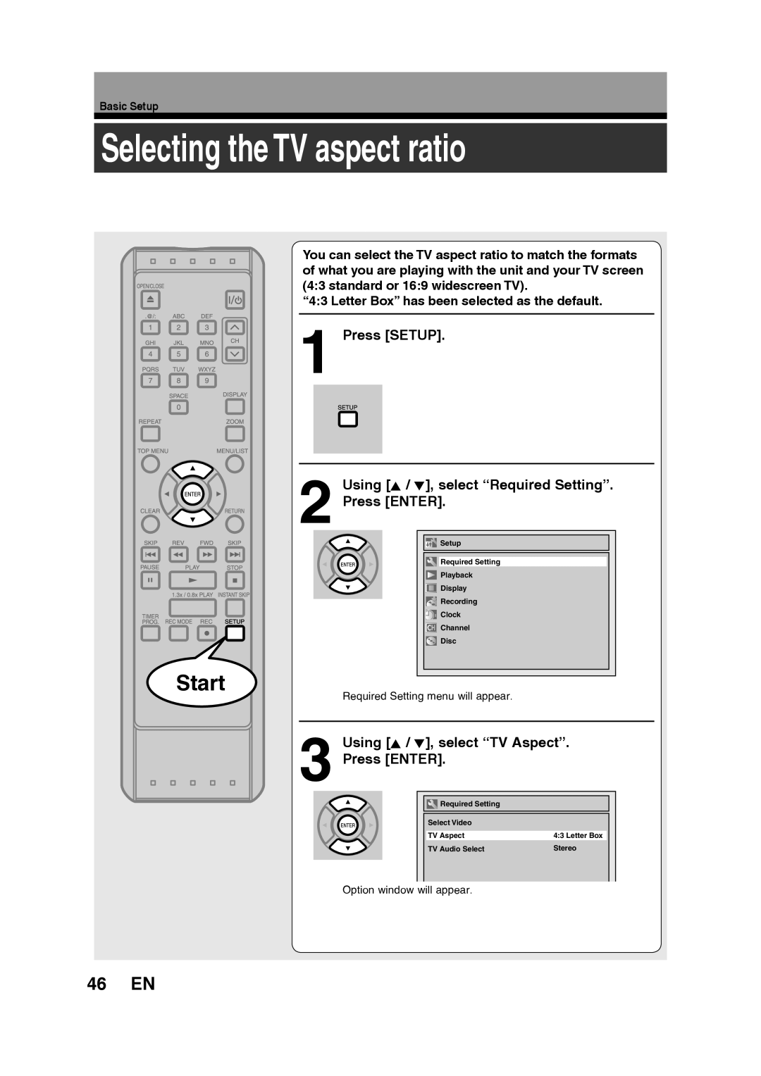 Toshiba D-RW2SU/D-RW2SC Selecting the TV aspect ratio, 46 EN, Using K / L, select “TV Aspect” Press ENTER, Start, Stereo 