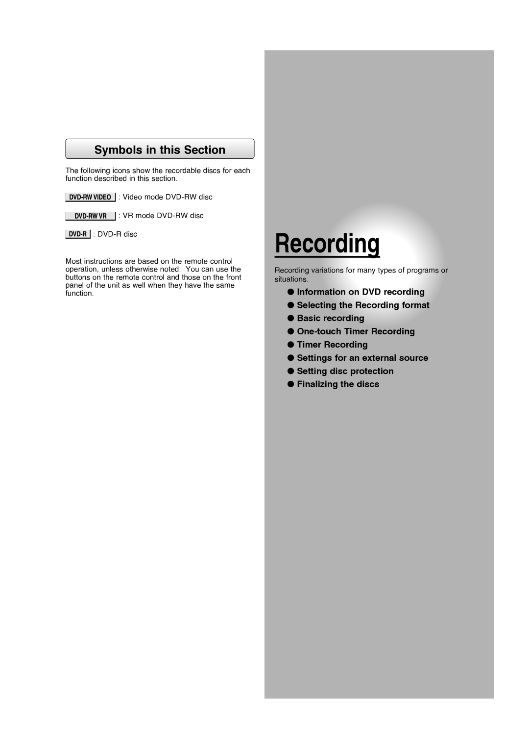 Toshiba D-RW2SU/D-RW2SC manual Symbols in this Section, Information on DVD recording Selecting the Recording format 