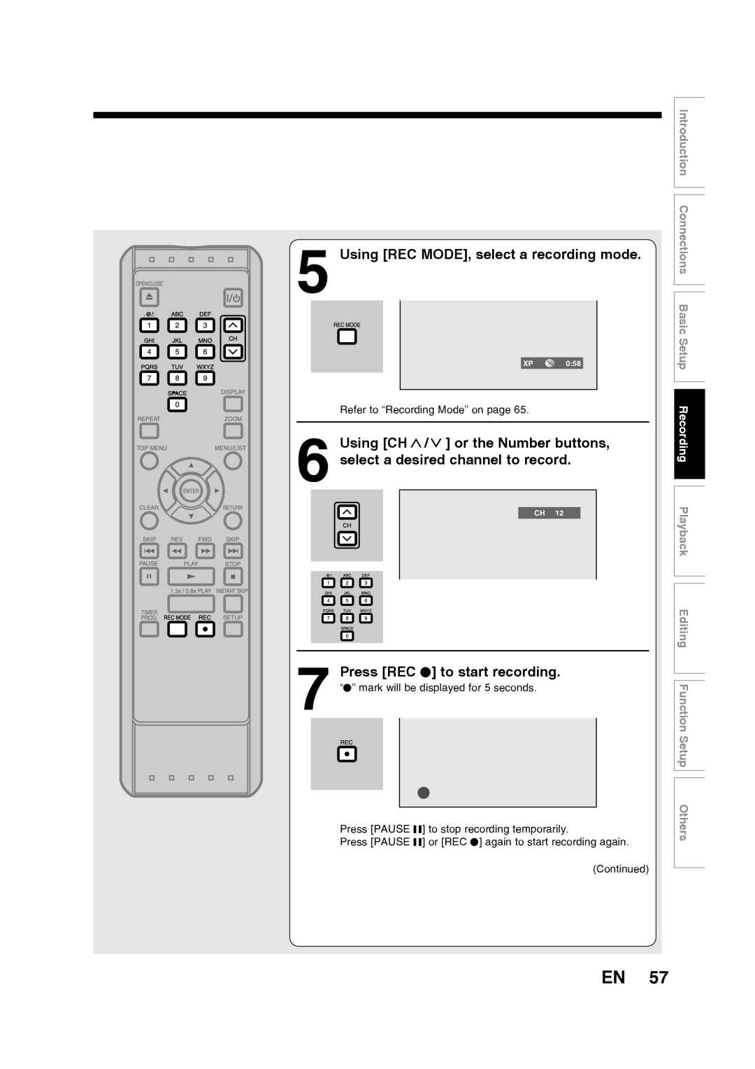 Toshiba D-RW2SU/D-RW2SC manual Using REC MODE, select a recording mode, Press REC I to start recording 