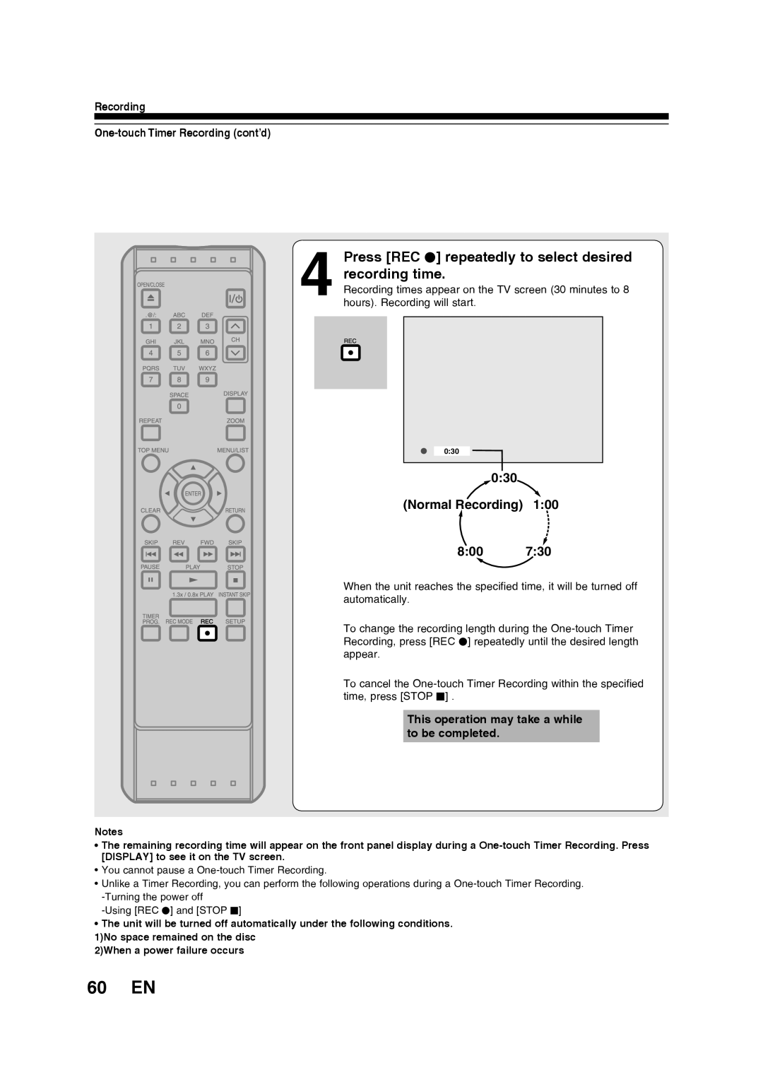 Toshiba D-RW2SU/D-RW2SC manual 60 EN, Press REC I repeatedly to select desired recording time, Normal Recording 800 
