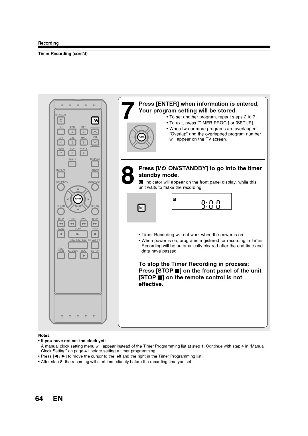 Toshiba D-RW2SU/D-RW2SC 64 EN, Press I/y ON/STANDBY to go into the timer standby mode, Recording Timer Recording cont’d 