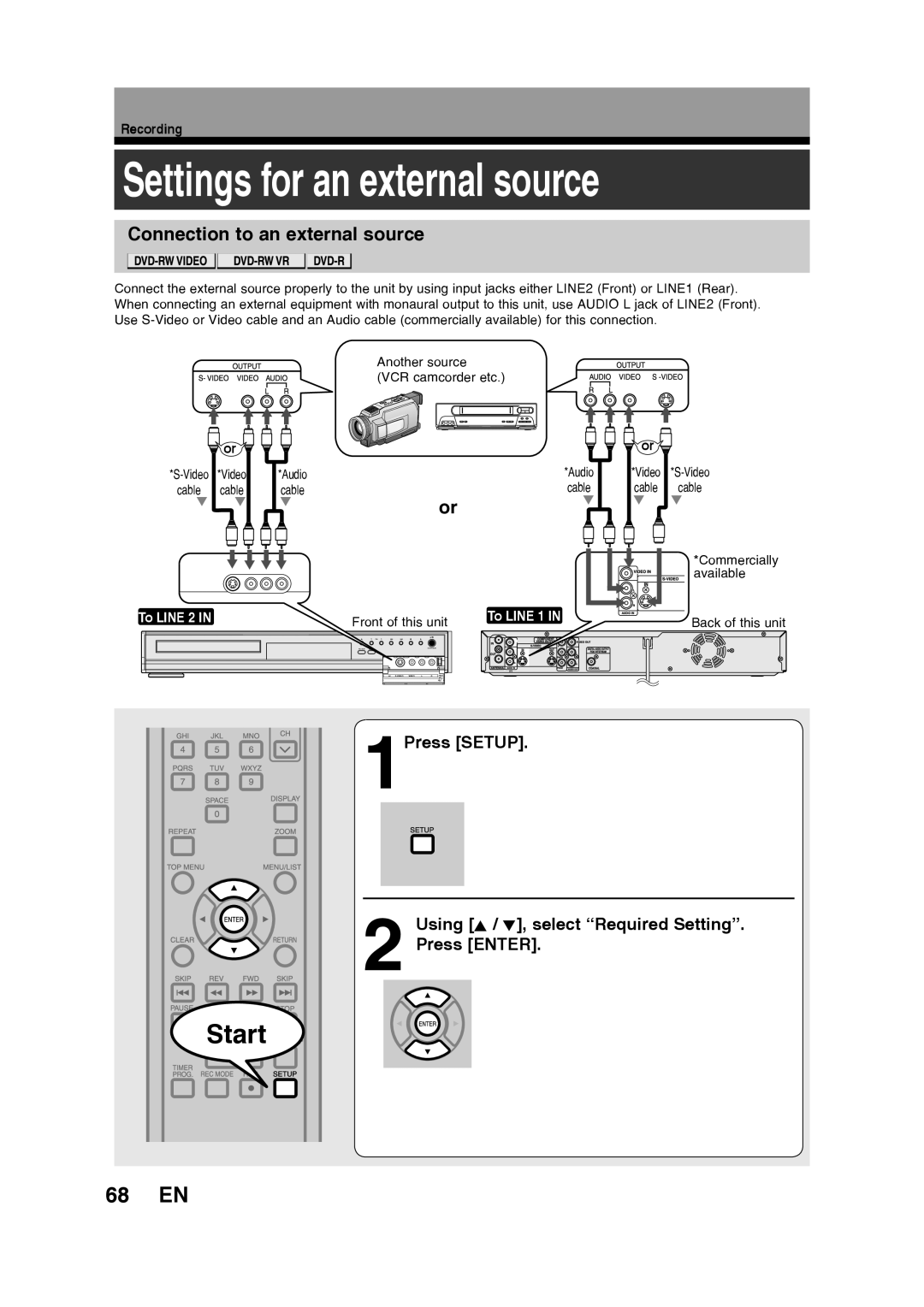 Toshiba D-RW2SU/D-RW2SC manual Settings for an external source, 68 EN, Connection to an external source, Start, Recording 