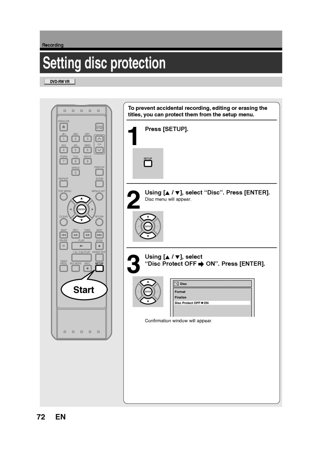 Toshiba D-RW2SU/D-RW2SC manual Setting disc protection, 72 EN, Press SETUP 2 Using K / L, select “Disc”. Press ENTER, Start 