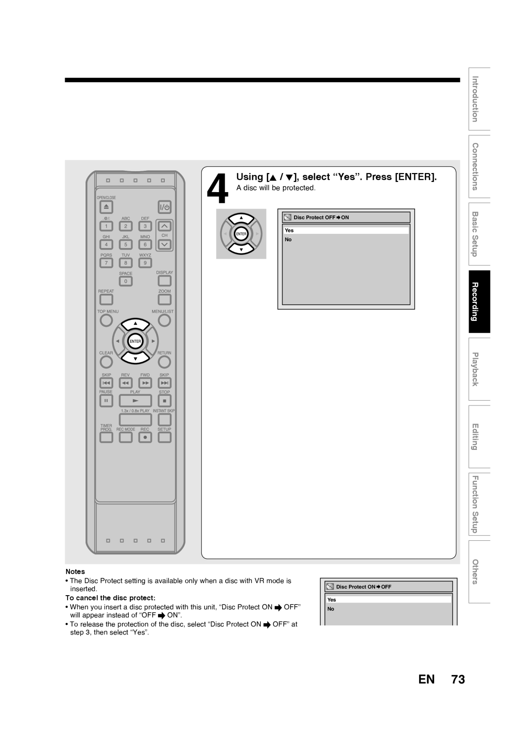 Toshiba D-RW2SU/D-RW2SC Using K / L, select “Yes”. Press ENTER, Editing Function Setup Others, To cancel the disc protect 