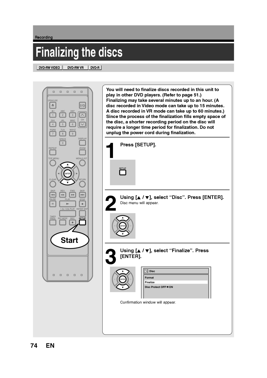 Toshiba D-RW2SU/D-RW2SC manual Finalizing the discs, 74 EN, Using K / L, select “Finalize”. Press ENTER, Start 