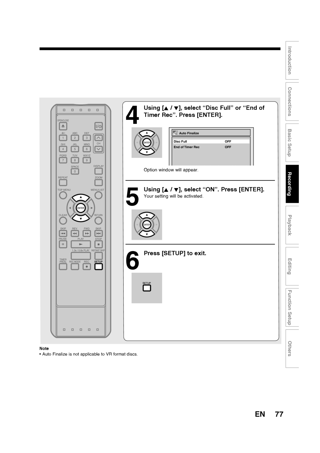Toshiba D-RW2SU/D-RW2SC manual Using K / L, select “Disc Full” or “End of Timer Rec”. Press ENTER, Press SETUP to exit 