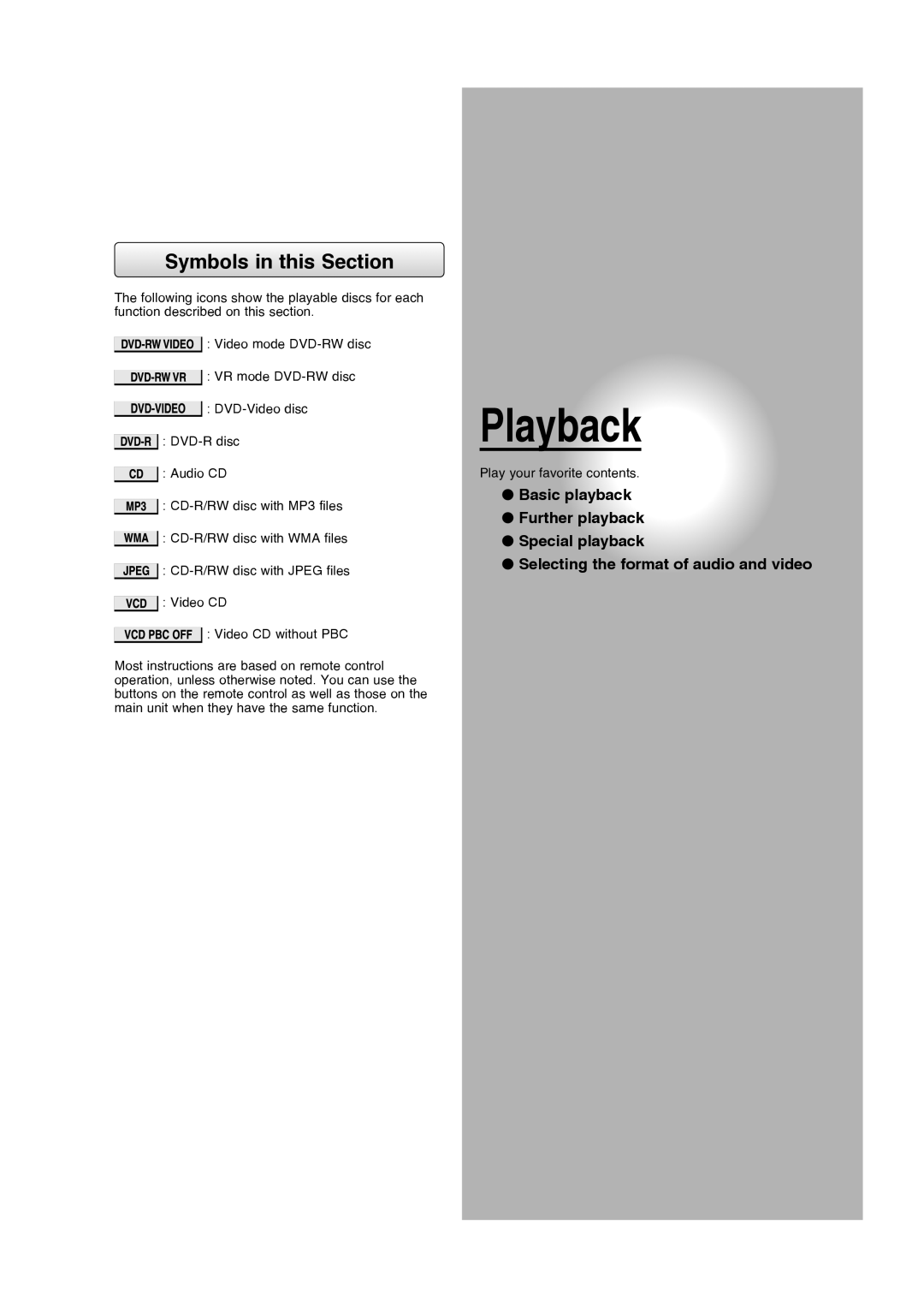 Toshiba D-RW2SU/D-RW2SC manual Playback, Basic playback Further playback Special playback, Symbols in this Section 