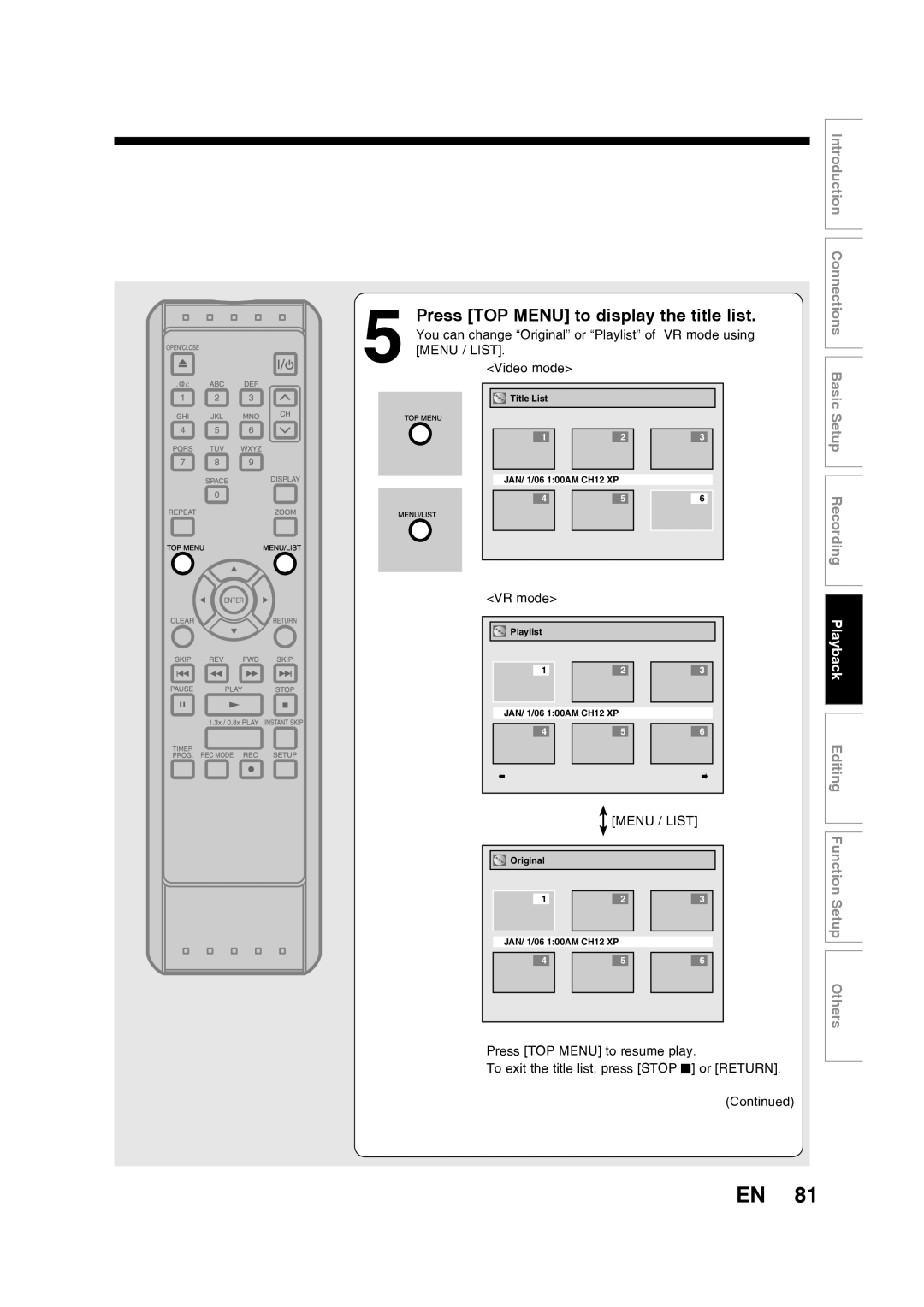 Toshiba D-RW2SU/D-RW2SC Press TOP MENU to display the title list, Editing Function Setup Others, VR mode using, Video mode 