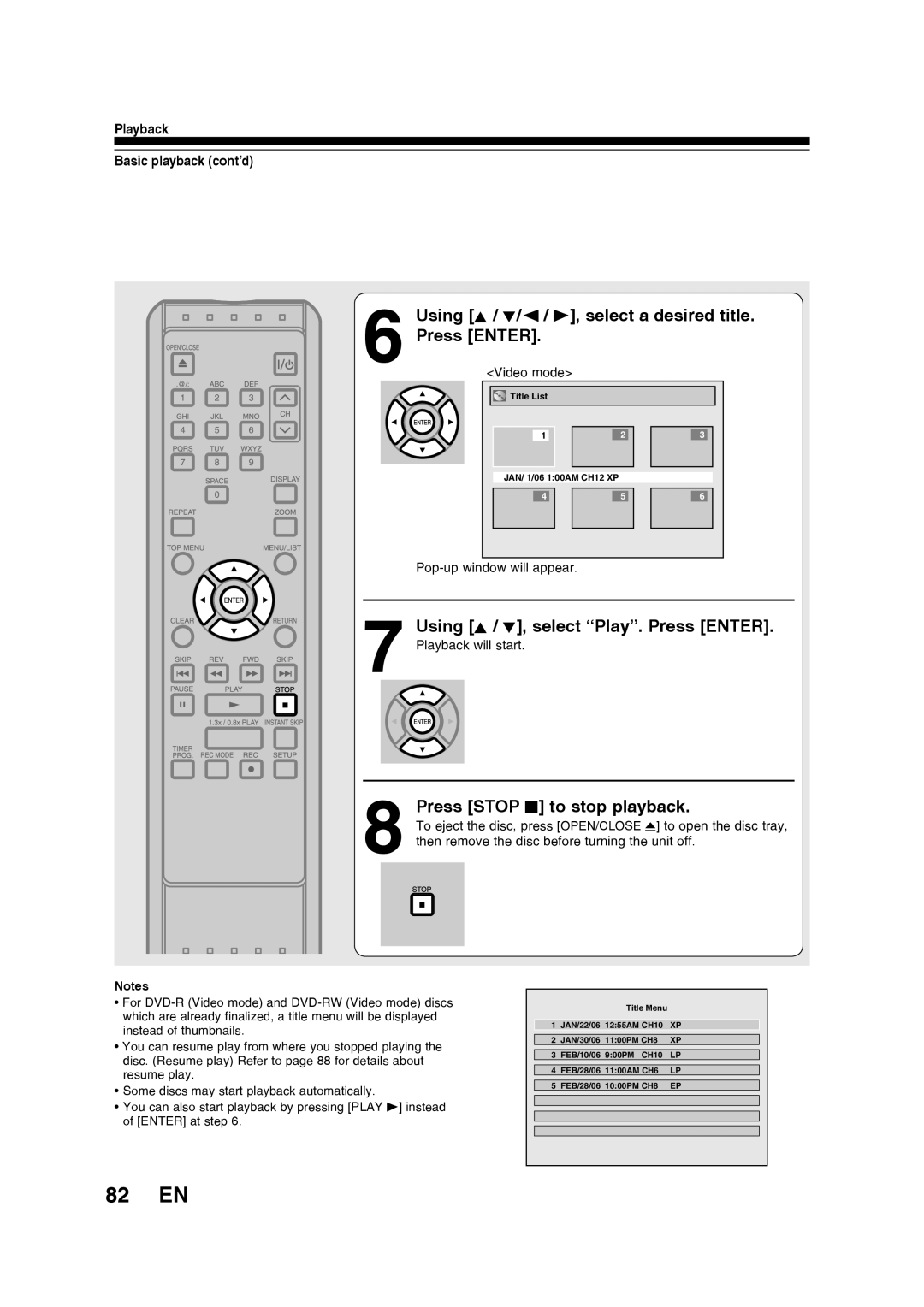 Toshiba D-RW2SU/D-RW2SC manual 82 EN, Using K / L/ / B, select a desired title Press ENTER, Press STOP C to stop playback 