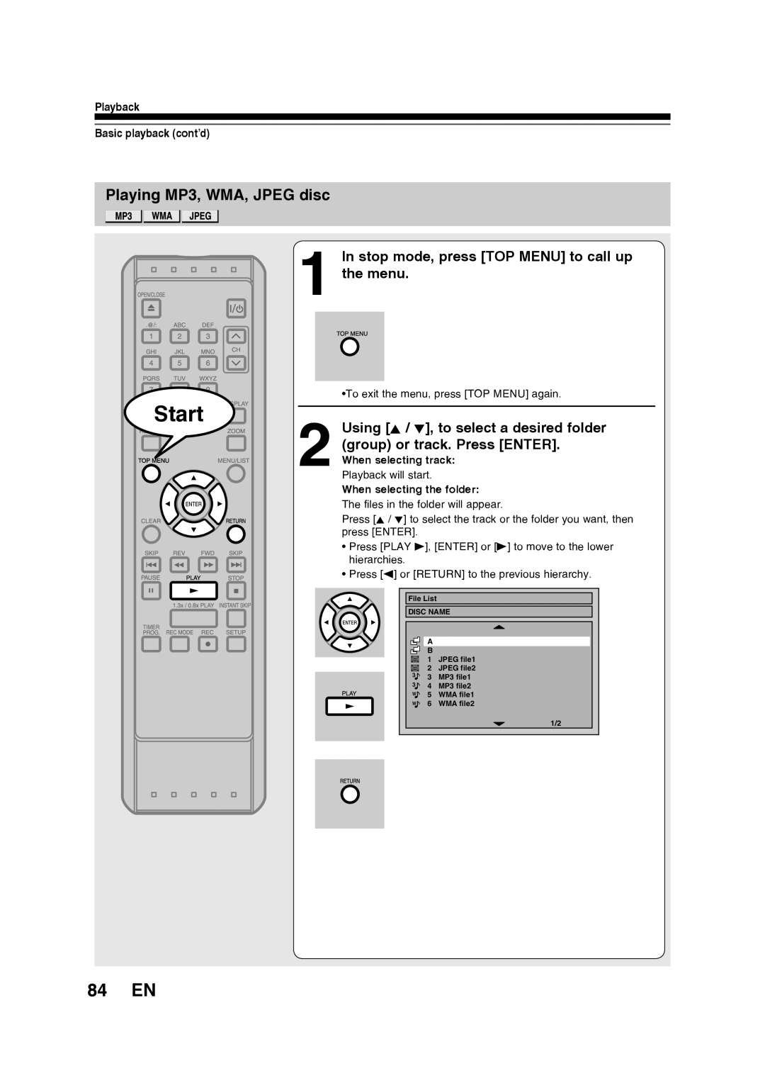 Toshiba D-RW2SU/D-RW2SC manual 84 EN, Playing MP3, WMA, JPEG disc, In stop mode, press TOP MENU to call up the menu, Start 