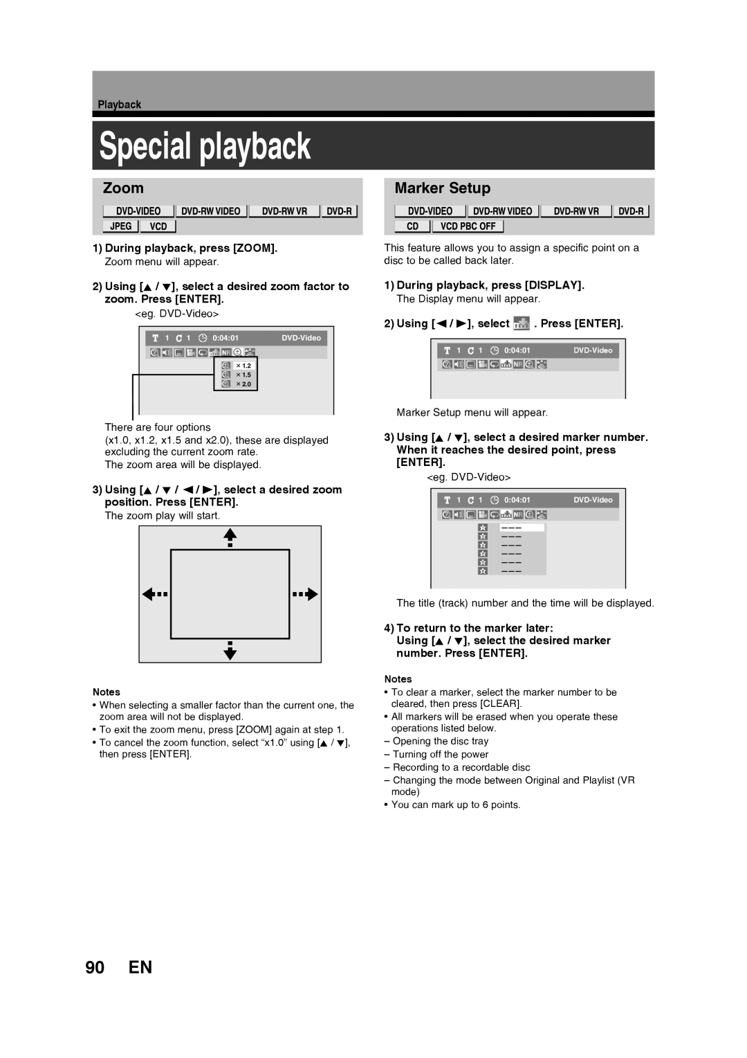 Toshiba D-RW2SU/D-RW2SC manual Special playback, 90 EN, Zoom, Marker Setup, During playback, press DISPLAY, Playback 