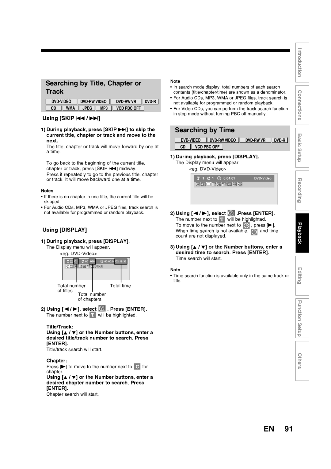 Toshiba D-RW2SU/D-RW2SC manual Searching by Title, Chapter or Track, Searching by Time, Using SKIP H / G, Using DISPLAY 