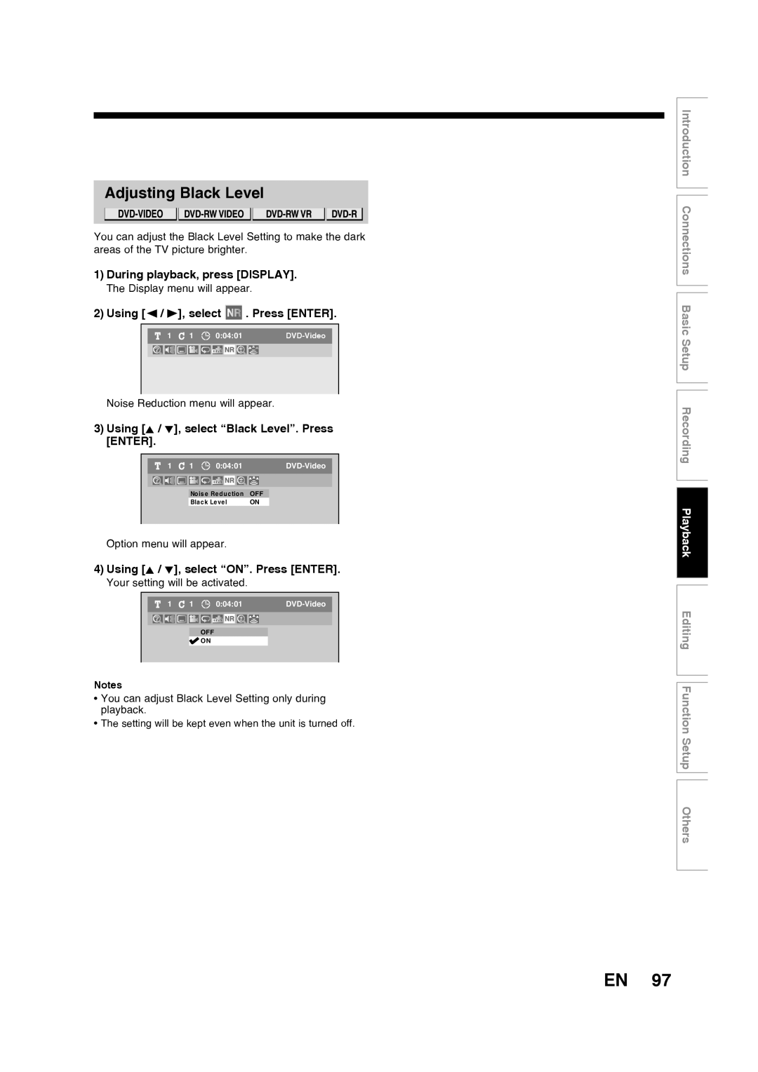 Toshiba D-RW2SU/D-RW2SC manual Adjusting Black Level, Using K / L, select “Black Level”. Press ENTER, Off On 