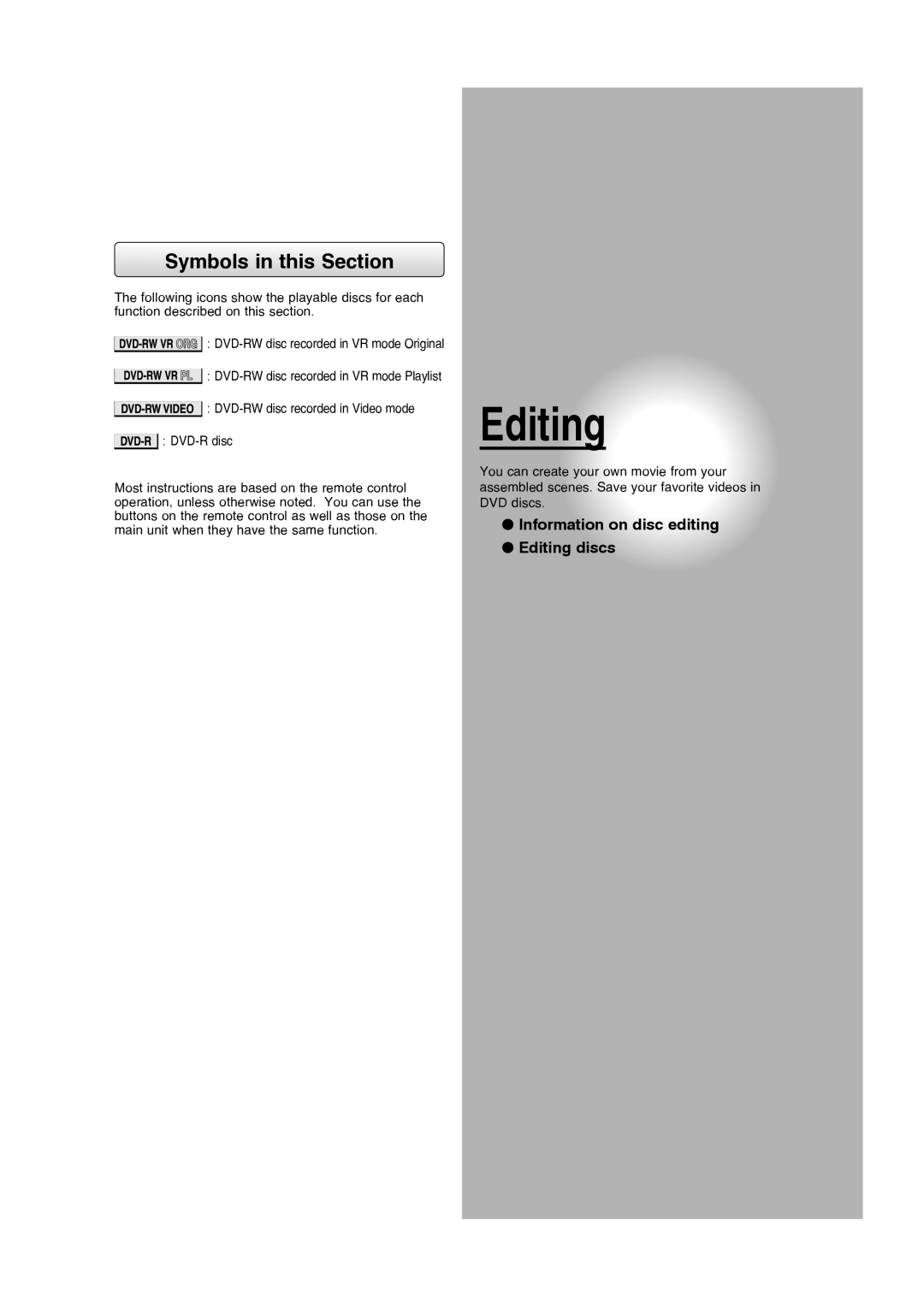 Toshiba D-RW2SU/D-RW2SC manual Information on disc editing Editing discs, Symbols in this Section 