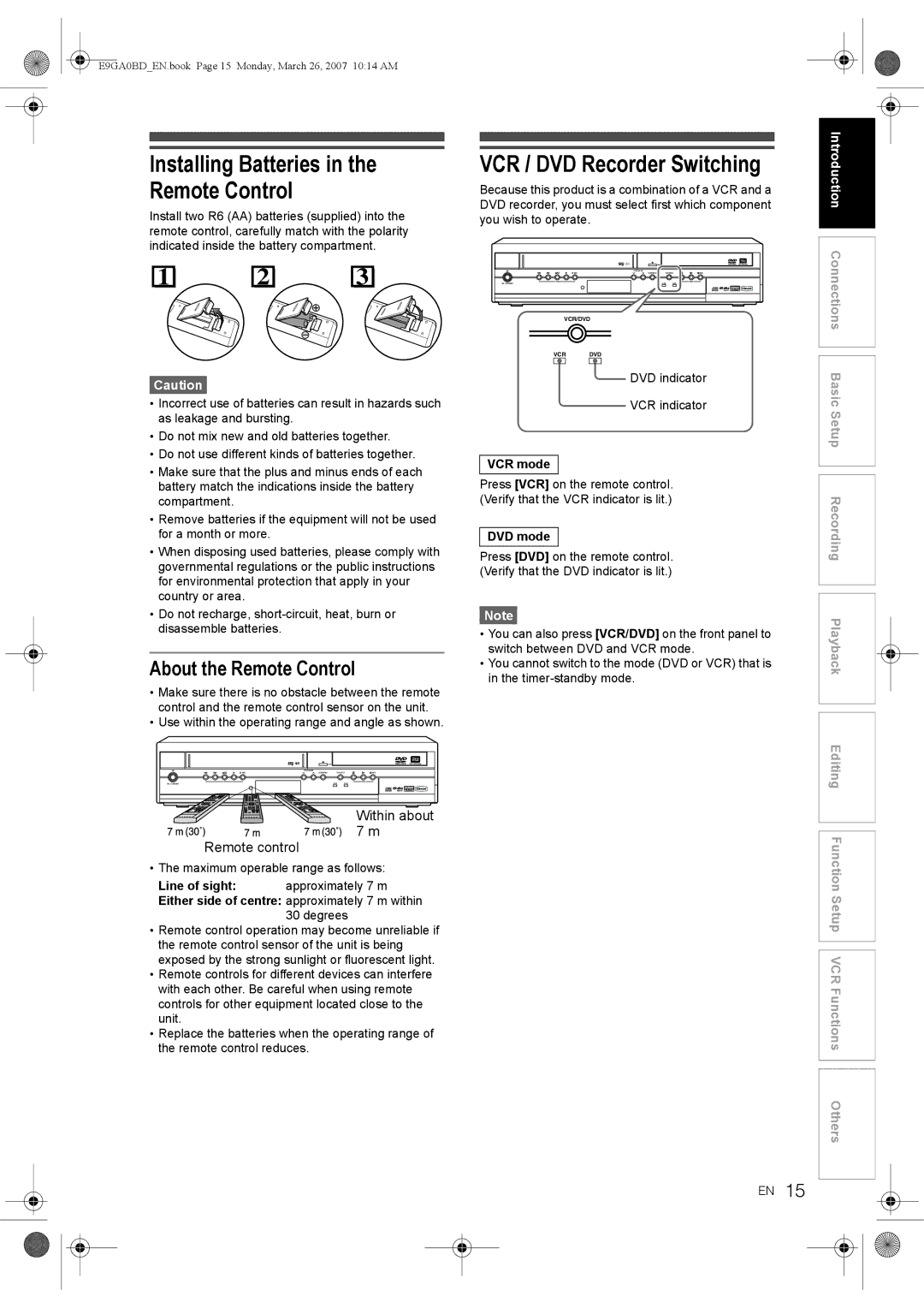 Toshiba D-VR17KB Installing Batteries in the Remote Control, VCR / DVD Recorder Switching, About the Remote Control 