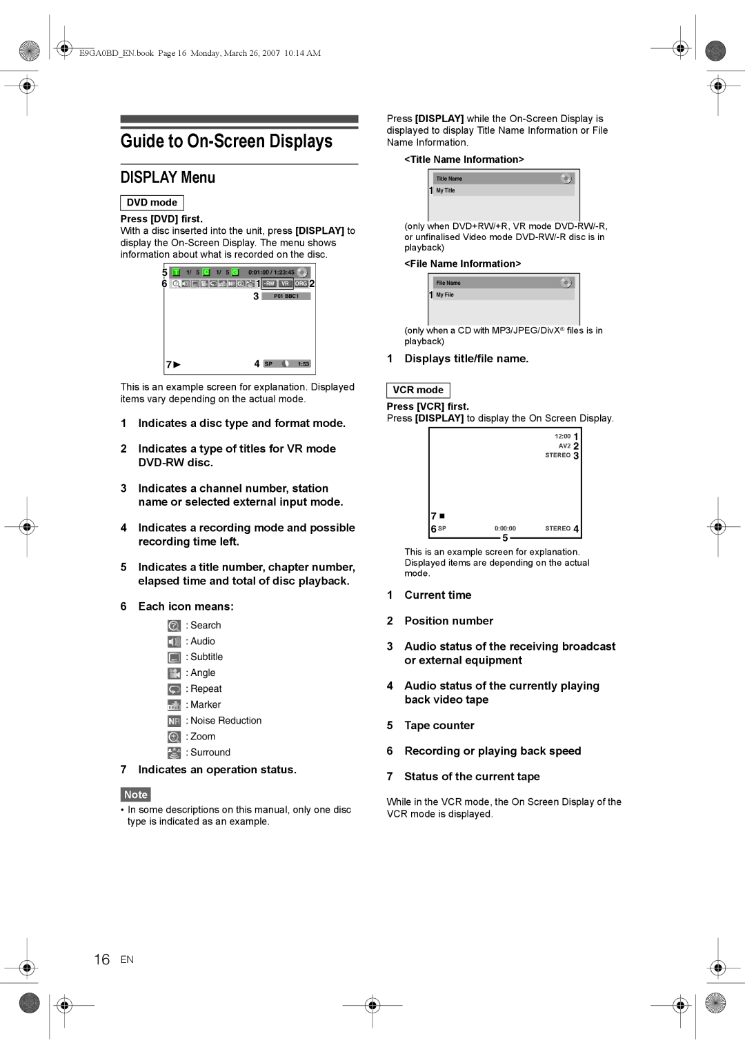 Toshiba D-VR17KB Guide to On-Screen Displays, Display Menu, 16 EN, Indicates an operation status, Displays title/file name 