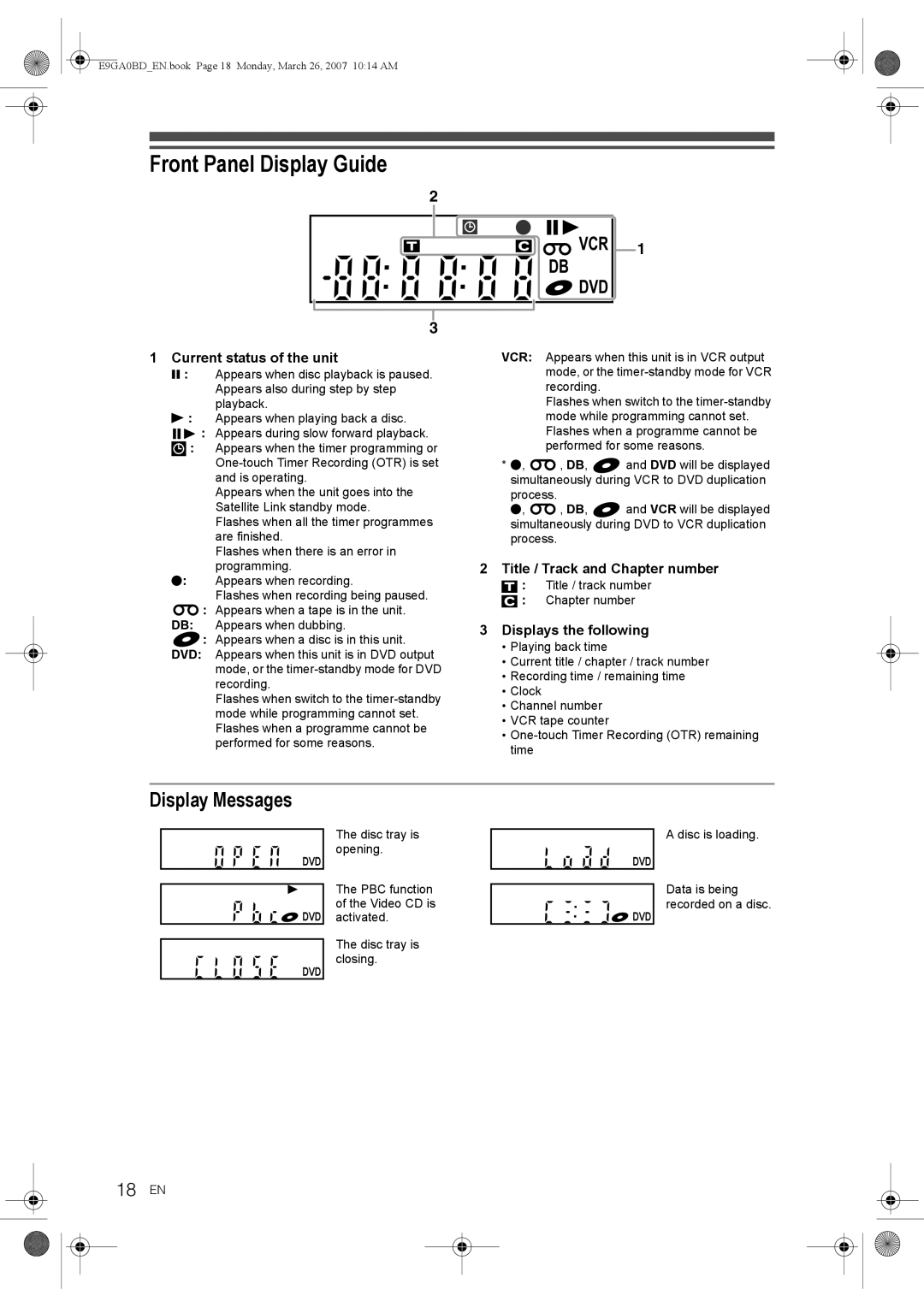 Toshiba D-VR17KB owner manual Front Panel Display Guide, Display Messages, 18 EN 