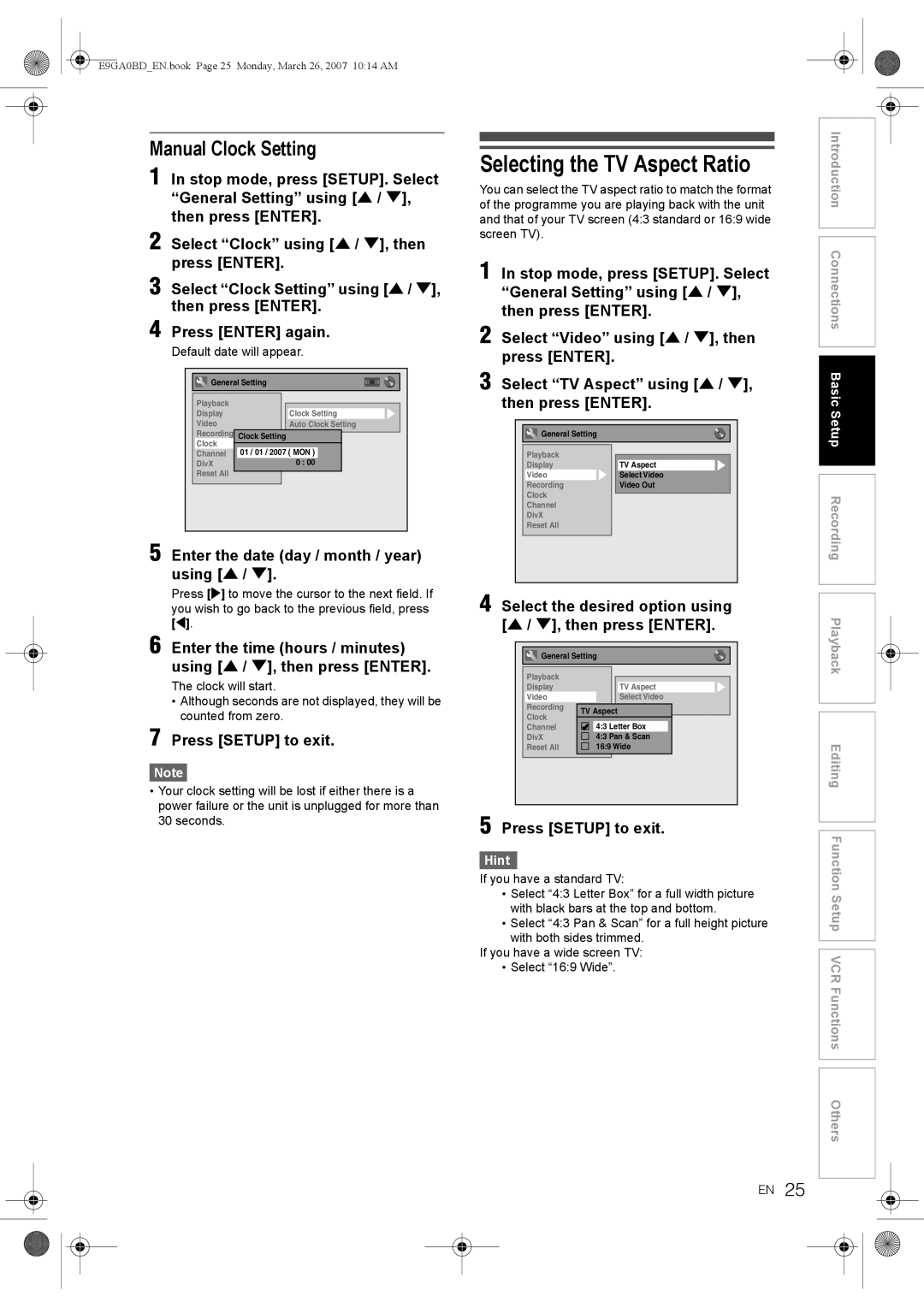 Toshiba D-VR17KB Selecting the TV Aspect Ratio, Manual Clock Setting, Enter the date day / month / year using U / D 