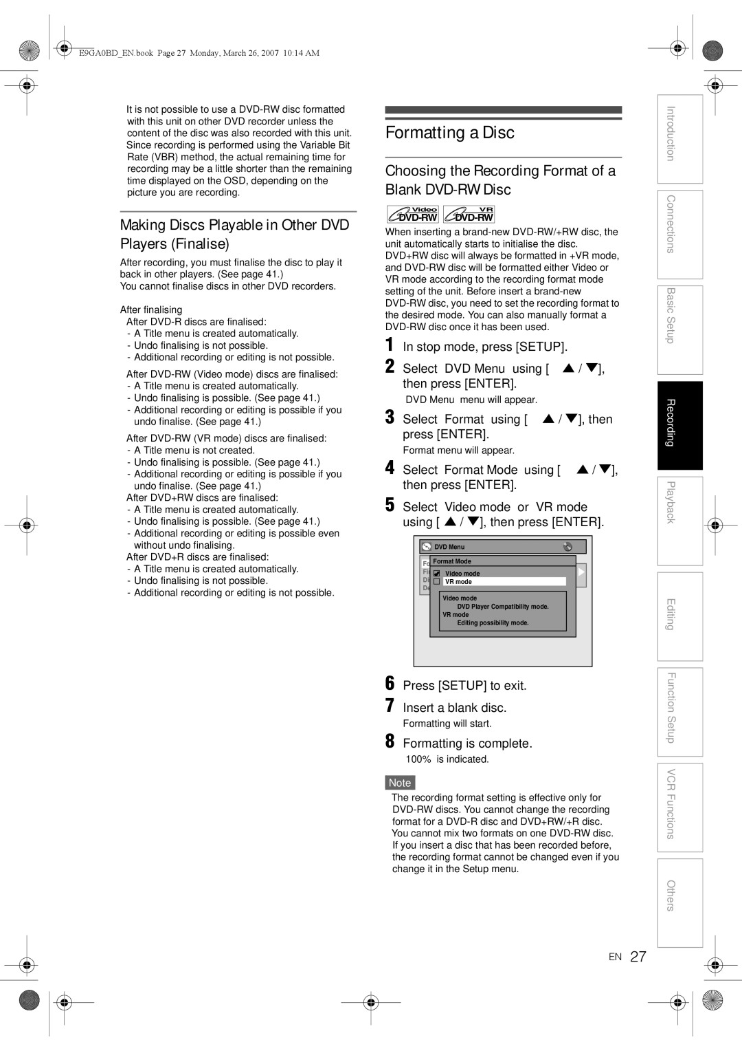 Toshiba D-VR17KB owner manual Formatting a Disc, Making Discs Playable in Other DVD Players Finalise 