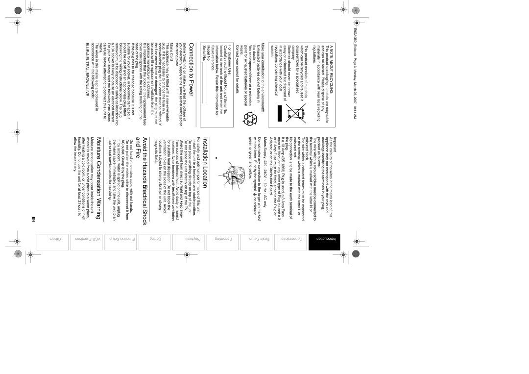 Toshiba D-VR17KB owner manual Connection to Power, Installation Location, Avoid the Hazards of Electrical Shock and Fire 