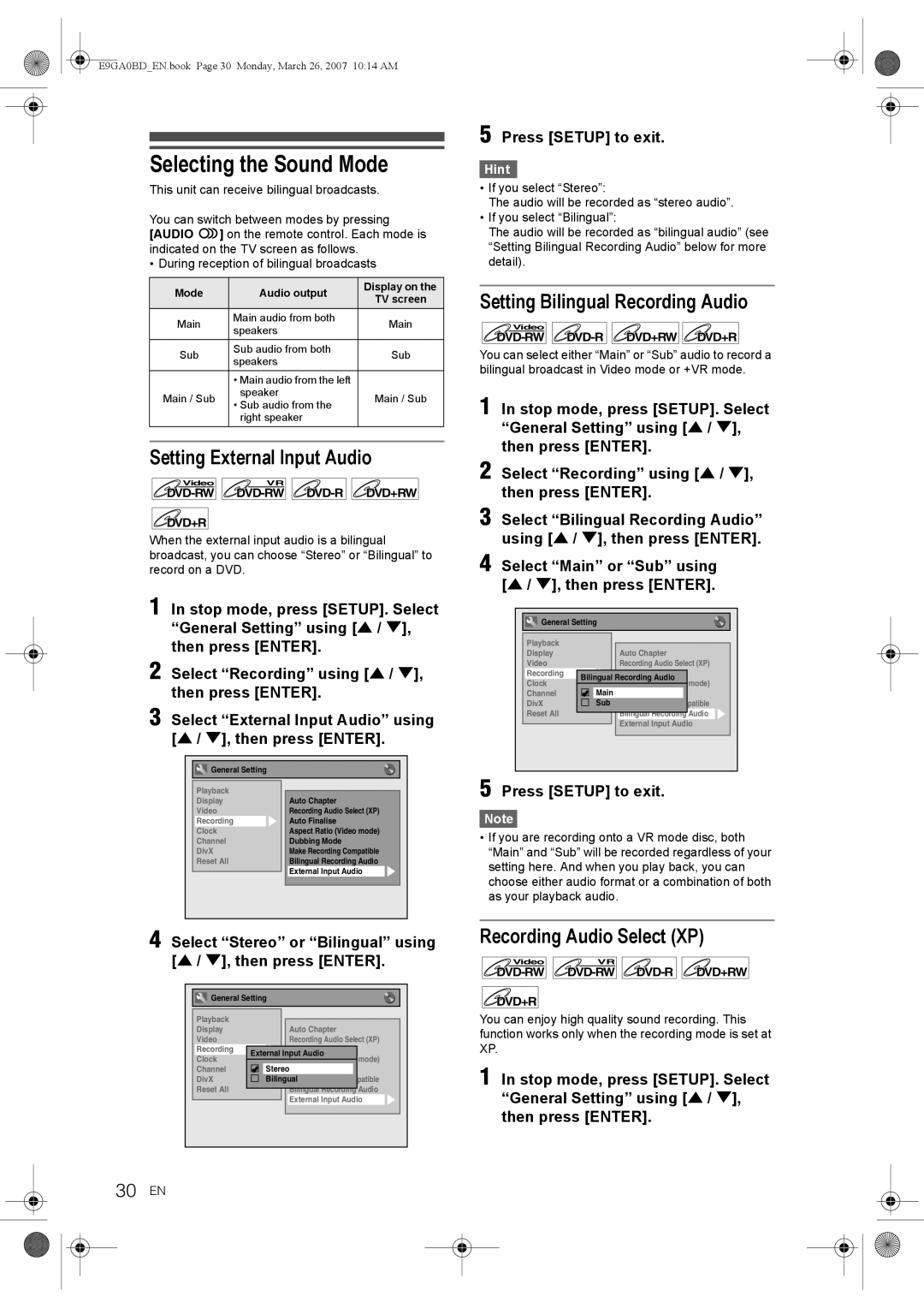 Toshiba D-VR17KB Selecting the Sound Mode, Setting External Input Audio, Setting Bilingual Recording Audio, 30 EN 