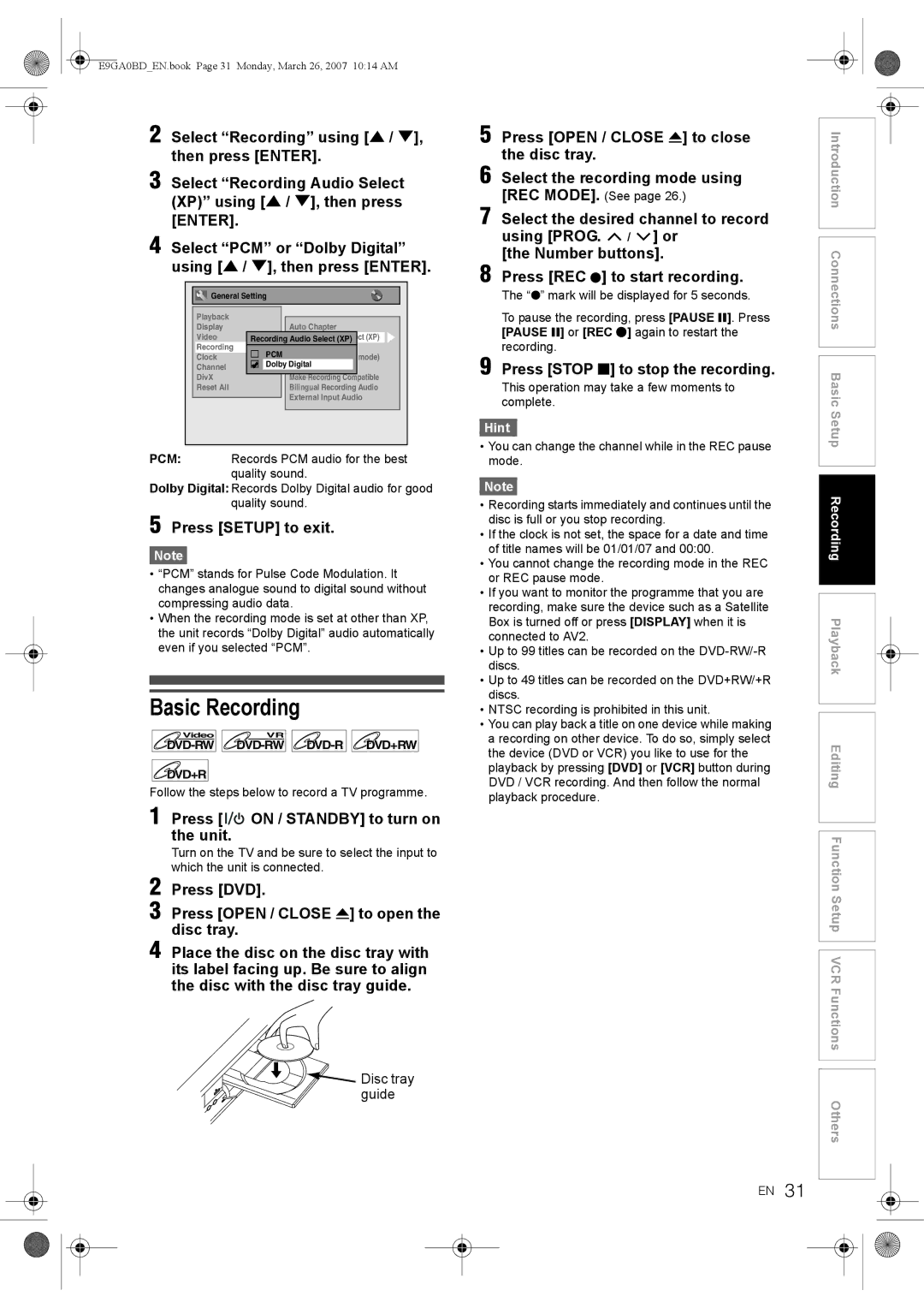 Toshiba D-VR17KB Basic Recording, Press Open / Close O to close the disc tray, Press Stop S to stop the recording 