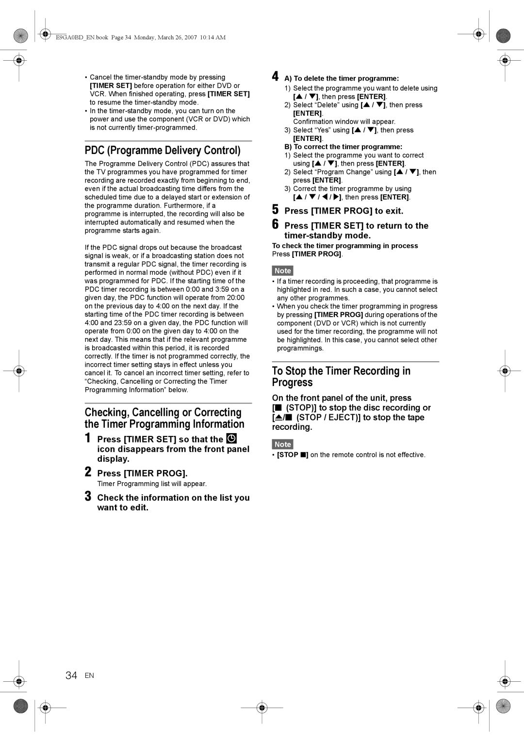 Toshiba D-VR17KB owner manual PDC Programme Delivery Control, To Stop the Timer Recording in Progress, 34 EN, Enter 