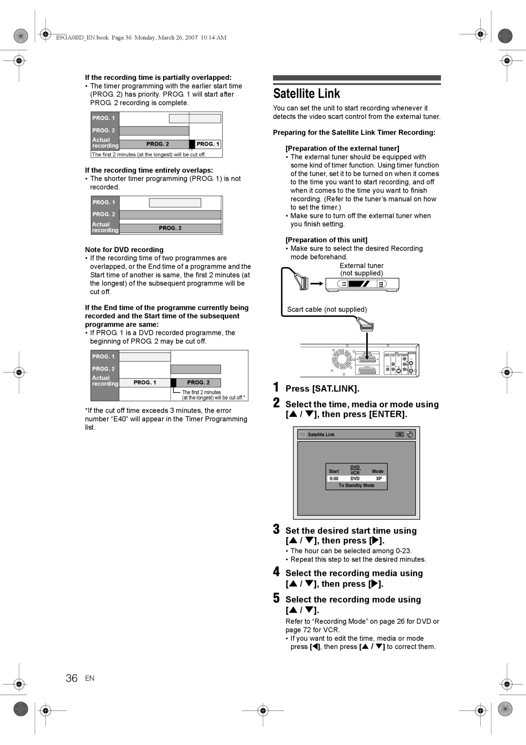 Toshiba D-VR17KB owner manual Satellite Link, 36 EN, Press SAT.LINK, Set the desired start time using U / D, then press P 