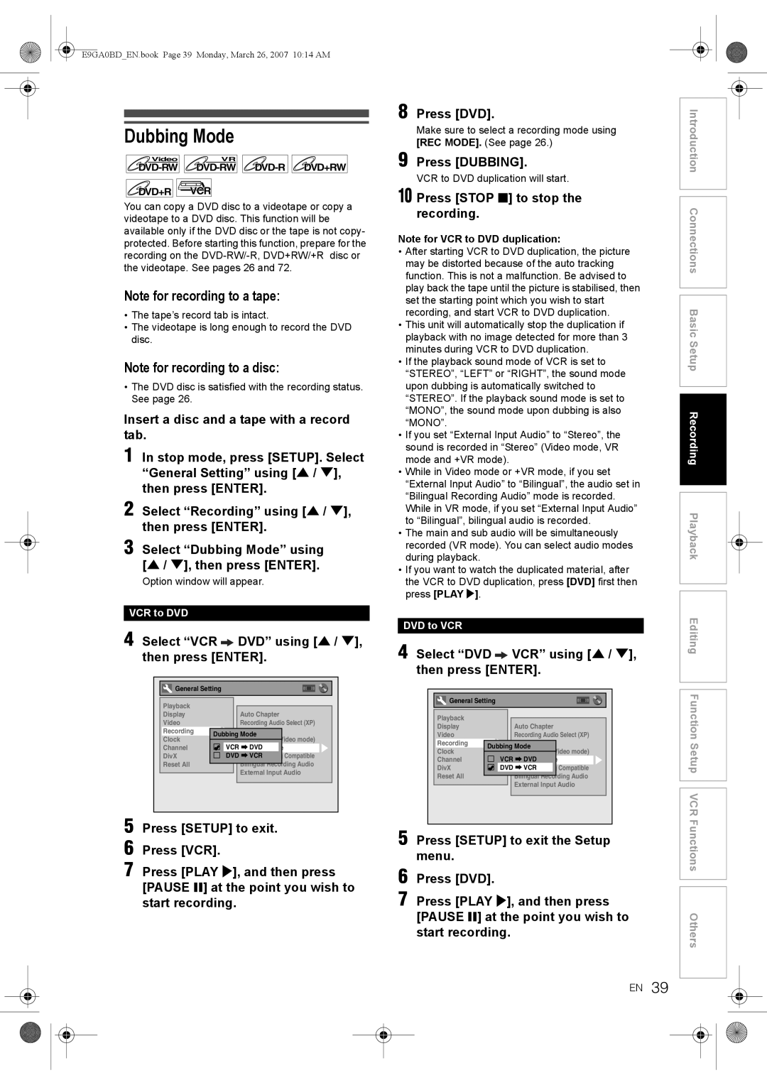 Toshiba D-VR17KB owner manual Dubbing Mode, Press Dubbing, VCR to DVD, DVD to VCR 