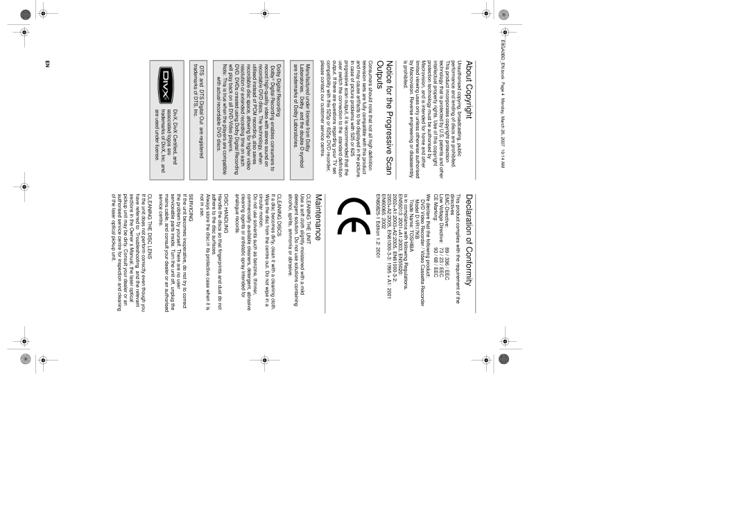 Toshiba D-VR17KB owner manual About Copyright, Declaration of Conformity, Maintenance 